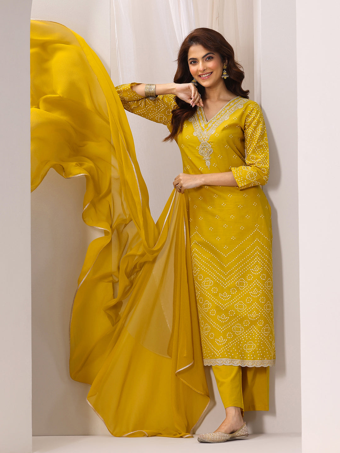 Mustard Printed Cotton Straight Suit Set With Dupatta