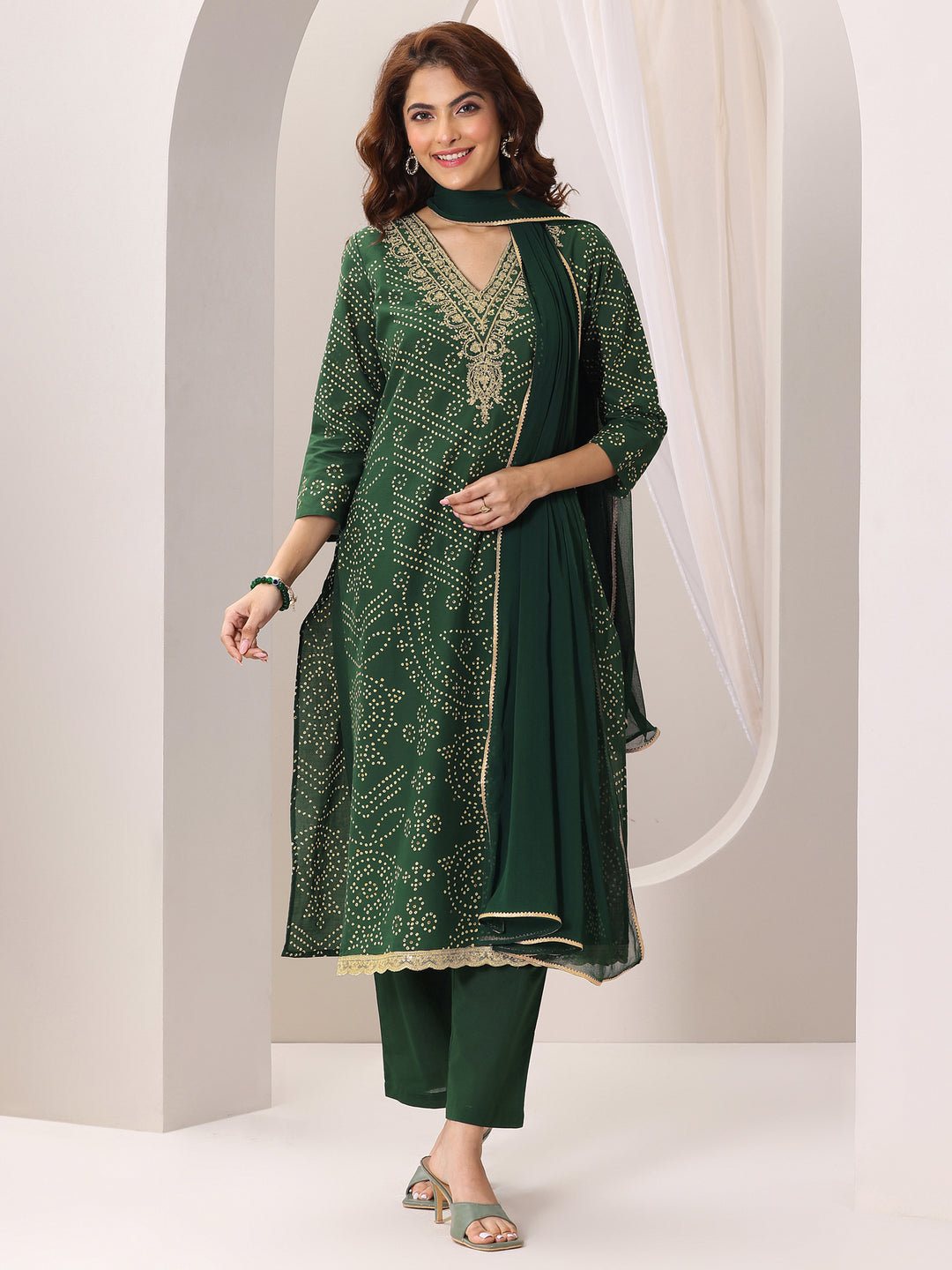 Green Printed Cotton Straight Suit Set With Dupatta