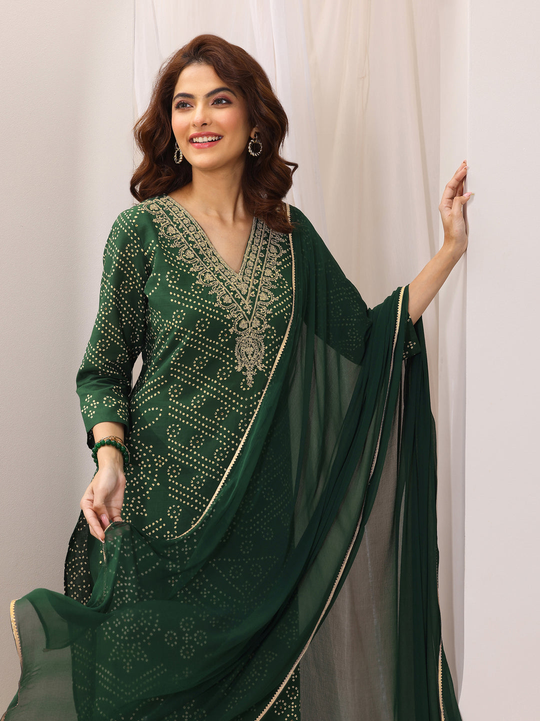 Green Printed Cotton Straight Suit Set With Dupatta