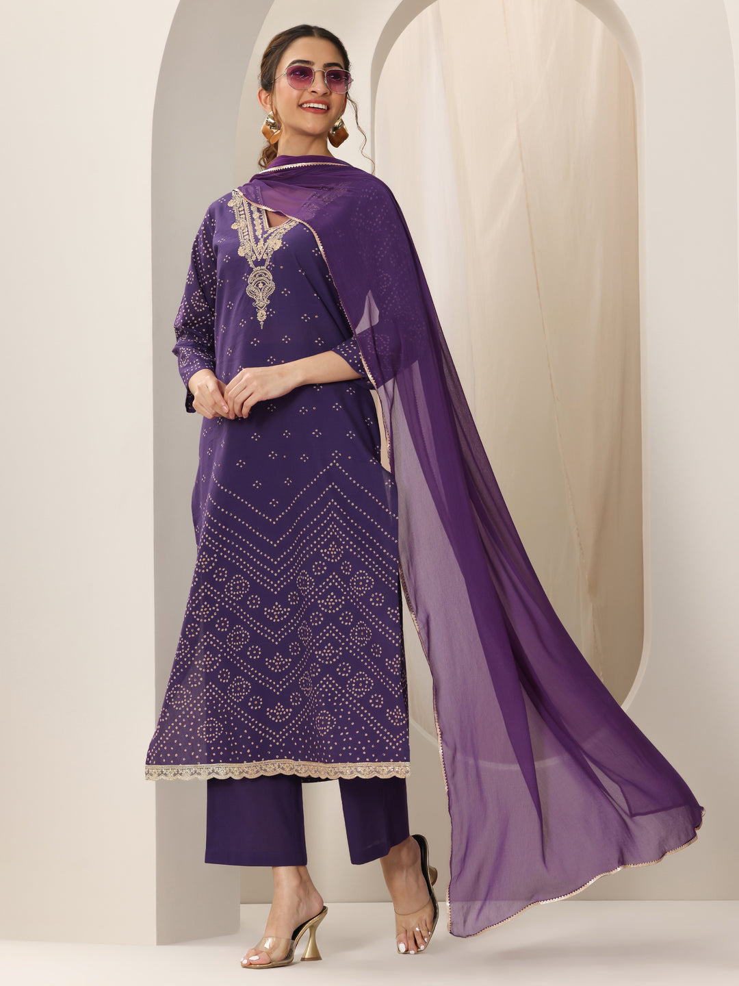 Purple Printed Cotton Straight Suit Set With Dupatta