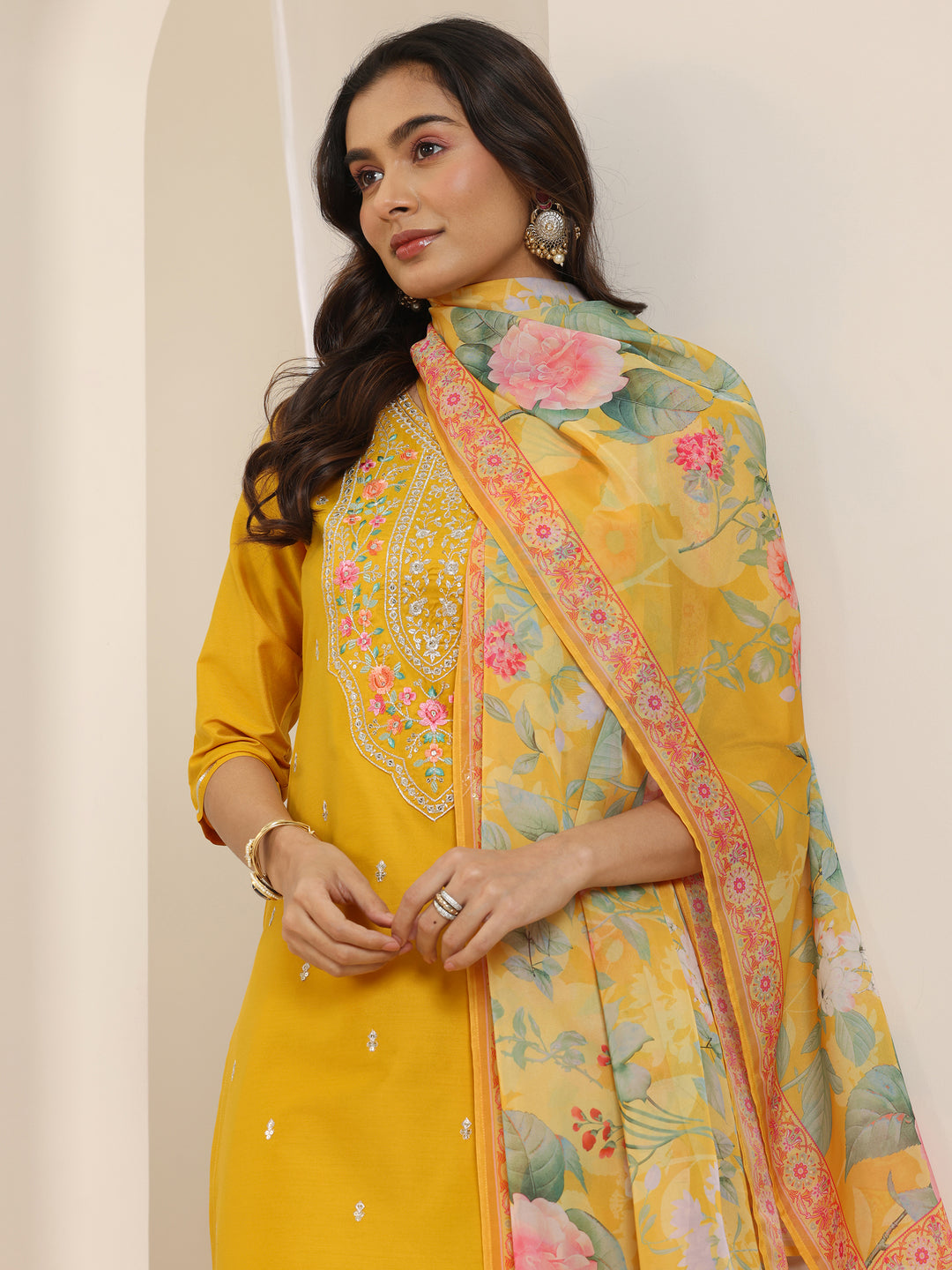 Mustard Embroidered Silk Blend Straight Suit Set With Dupatta