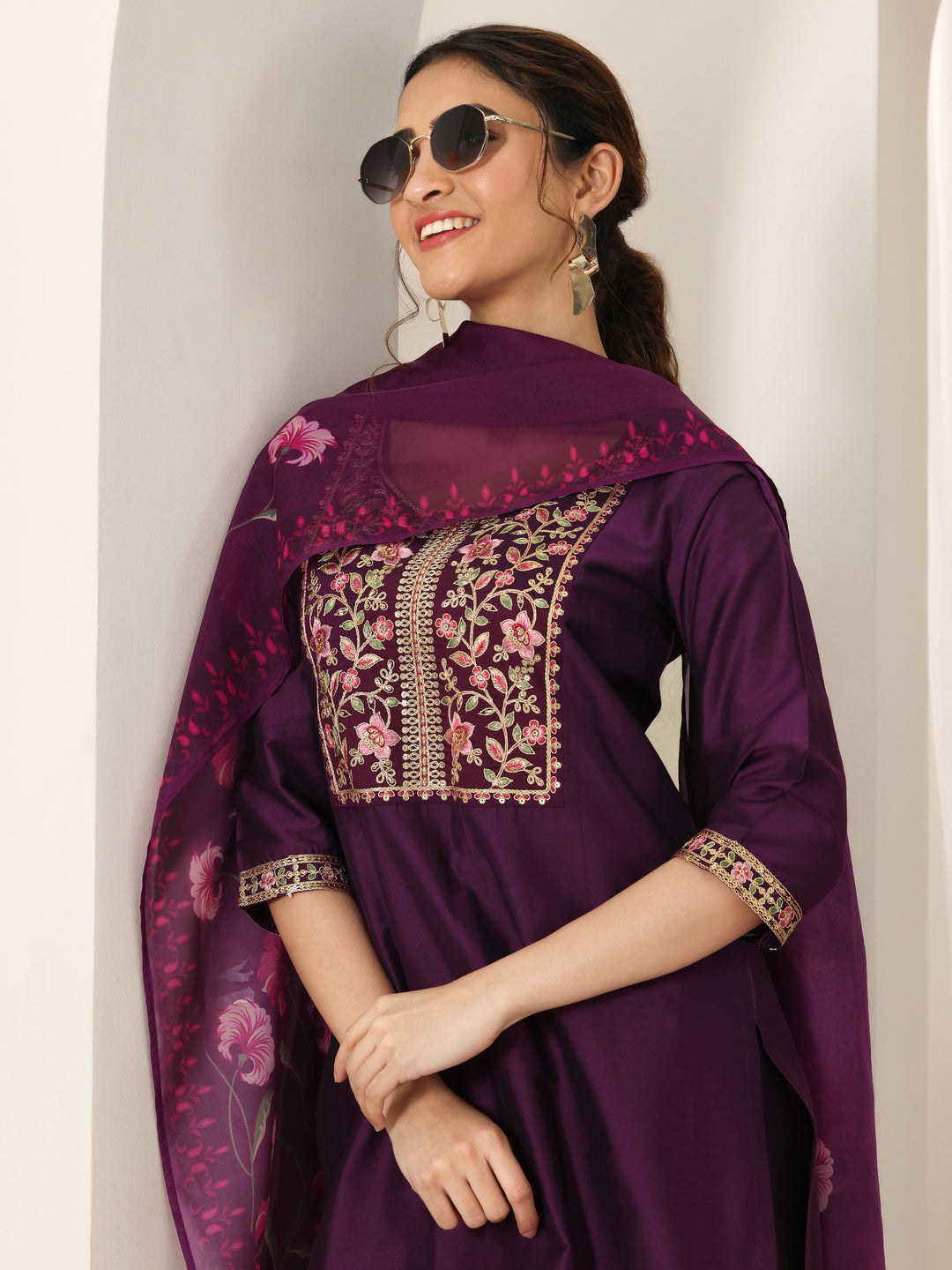 Burgundy Yoke Design Silk Blend Straight Suit Set With Dupatta