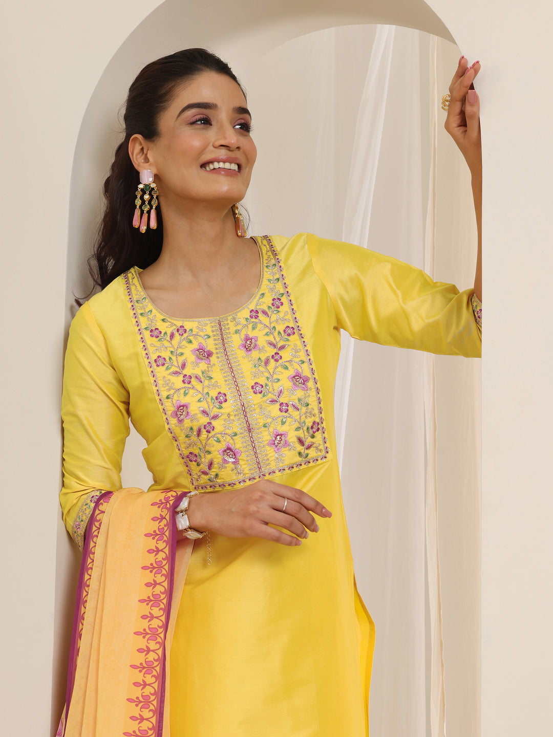 Yellow Yoke Design Silk Blend Straight Suit Set With Dupatta