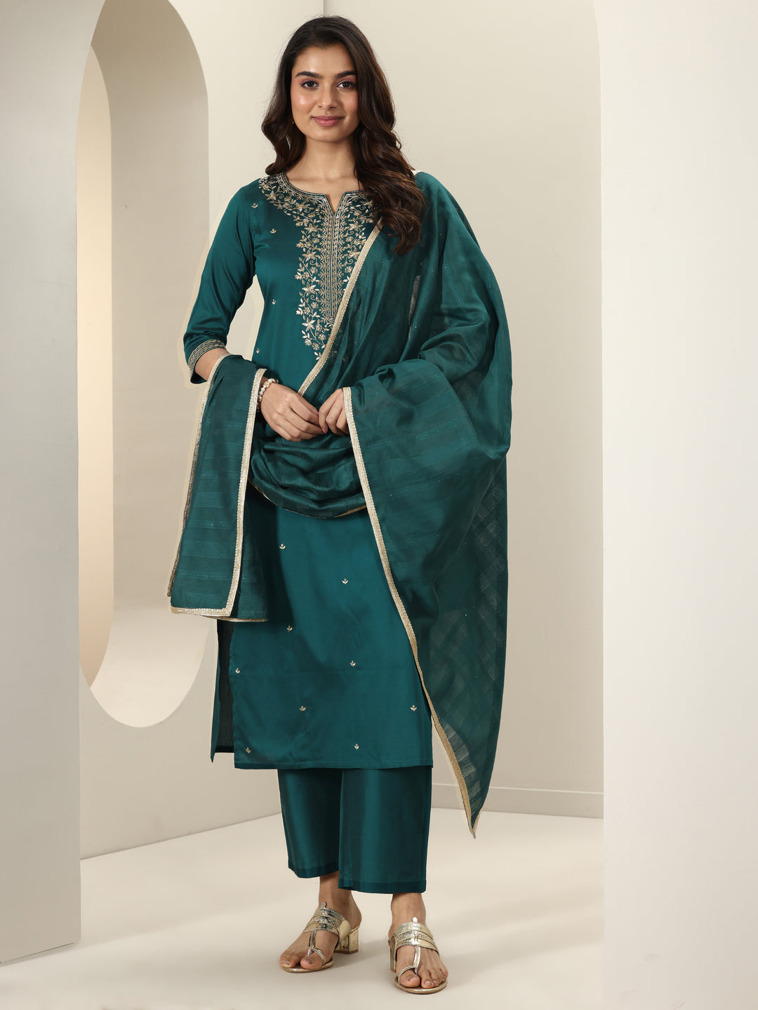 Teal Embroidered Silk Blend Straight Suit Set With Dupatta