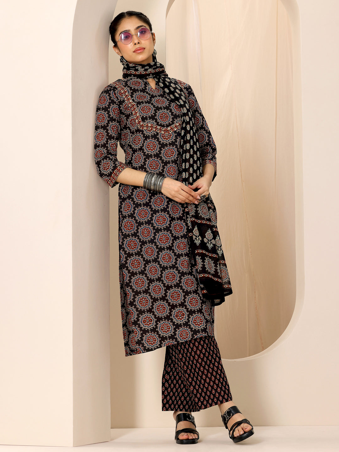 Black Printed Cotton Straight Suit Set With Dupatta