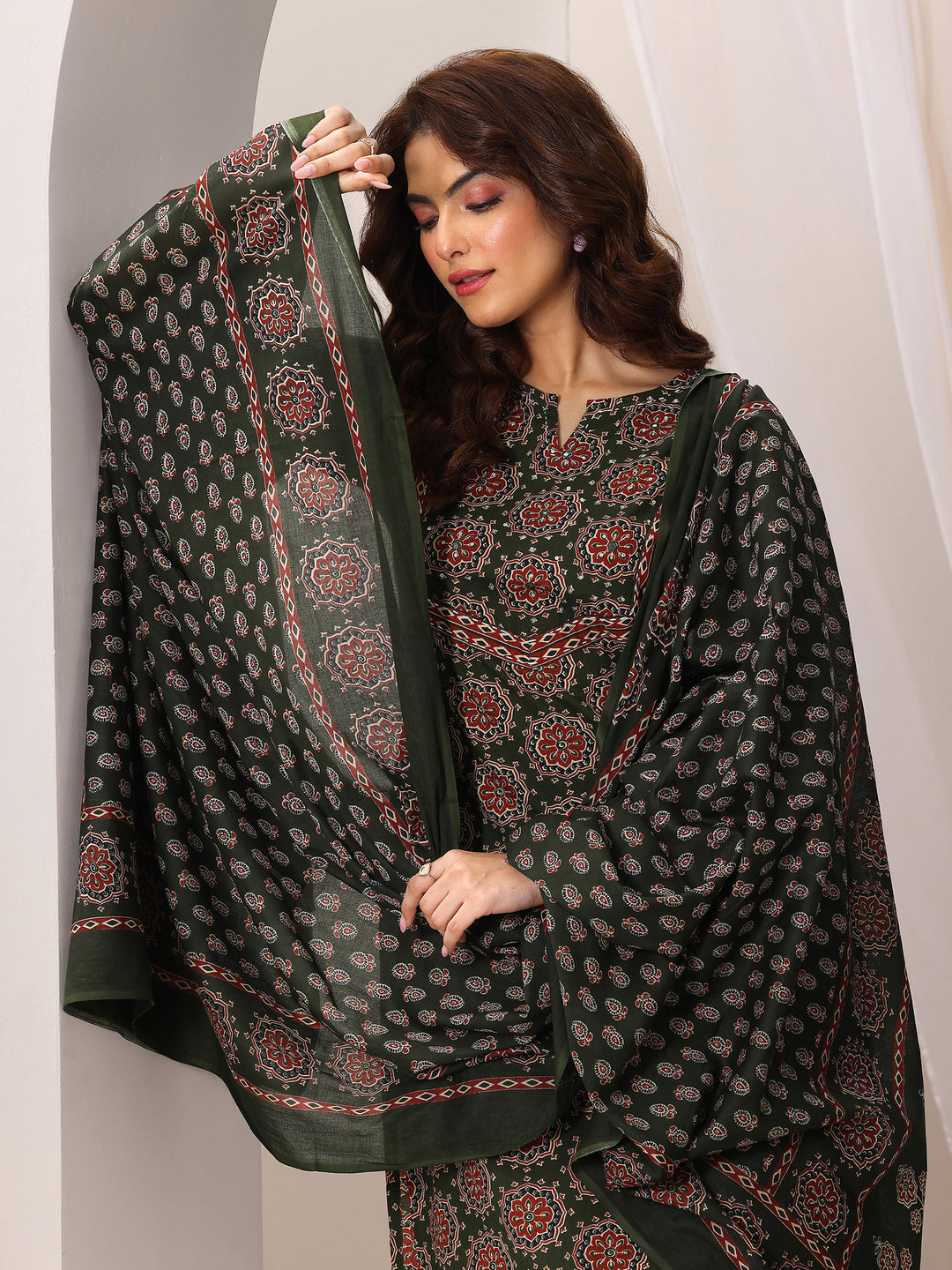 Green Printed Cotton Straight Suit Set With Dupatta