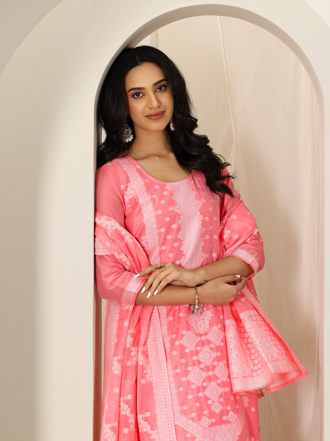 Pink Woven Design Chanderi Silk Straight Suit Set With Dupatta