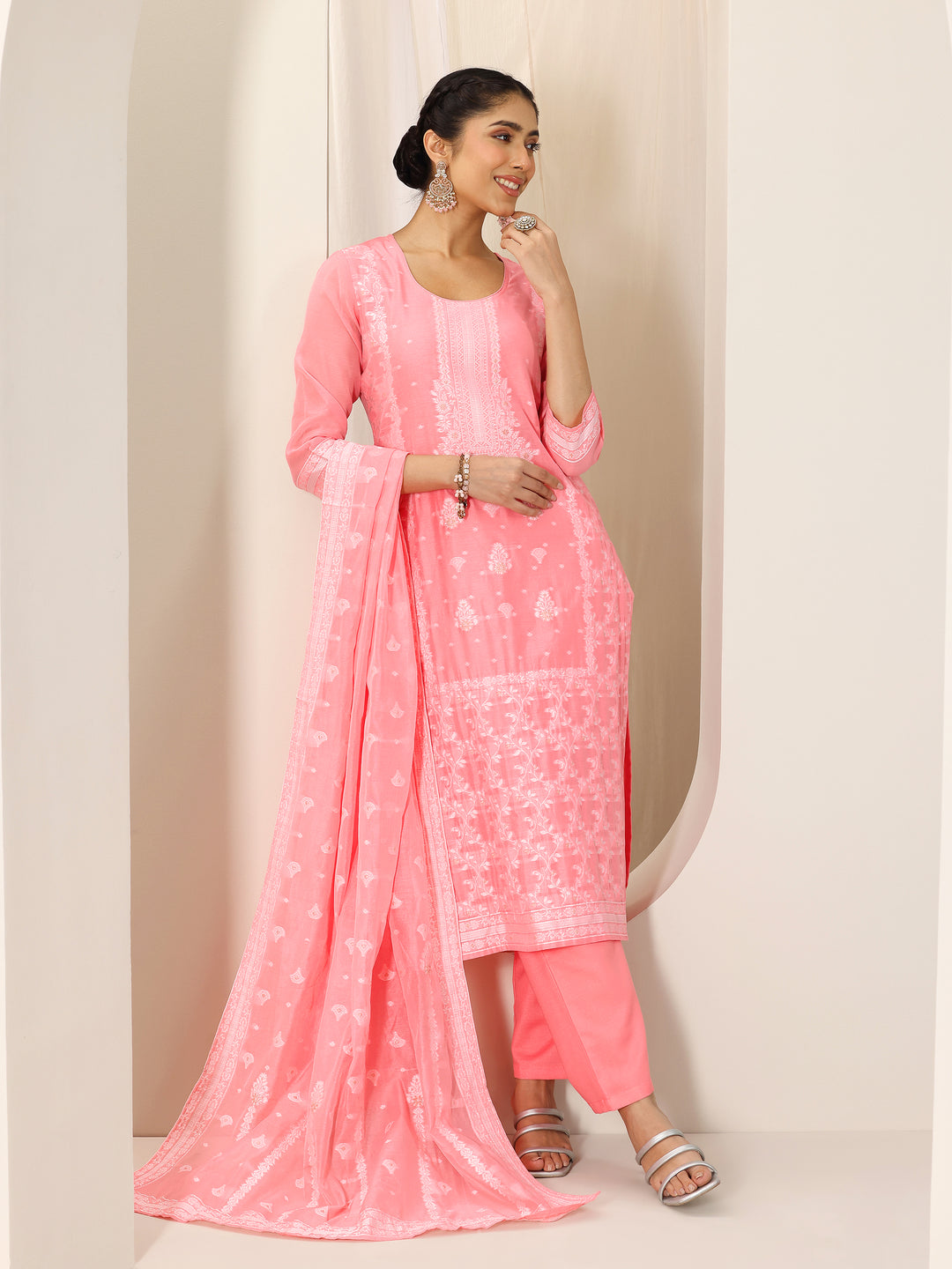 Pink Woven Design Chanderi Silk Straight Suit Set With Dupatta