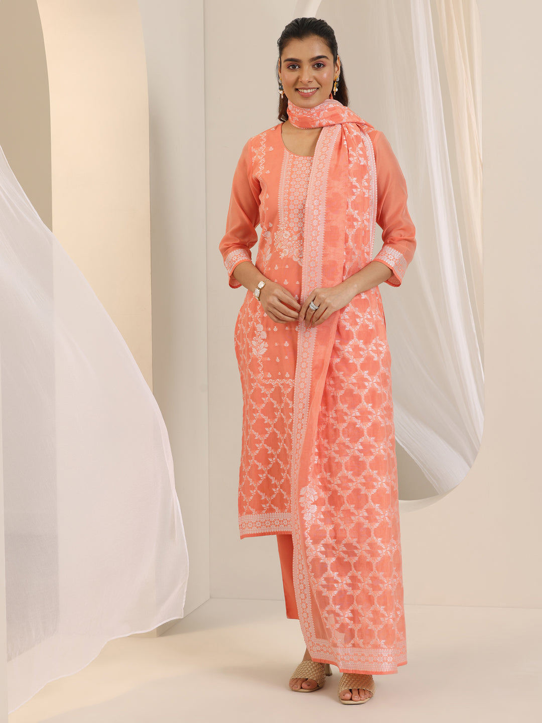 Orange Woven Design Chanderi Silk Straight Suit Set With Dupatta