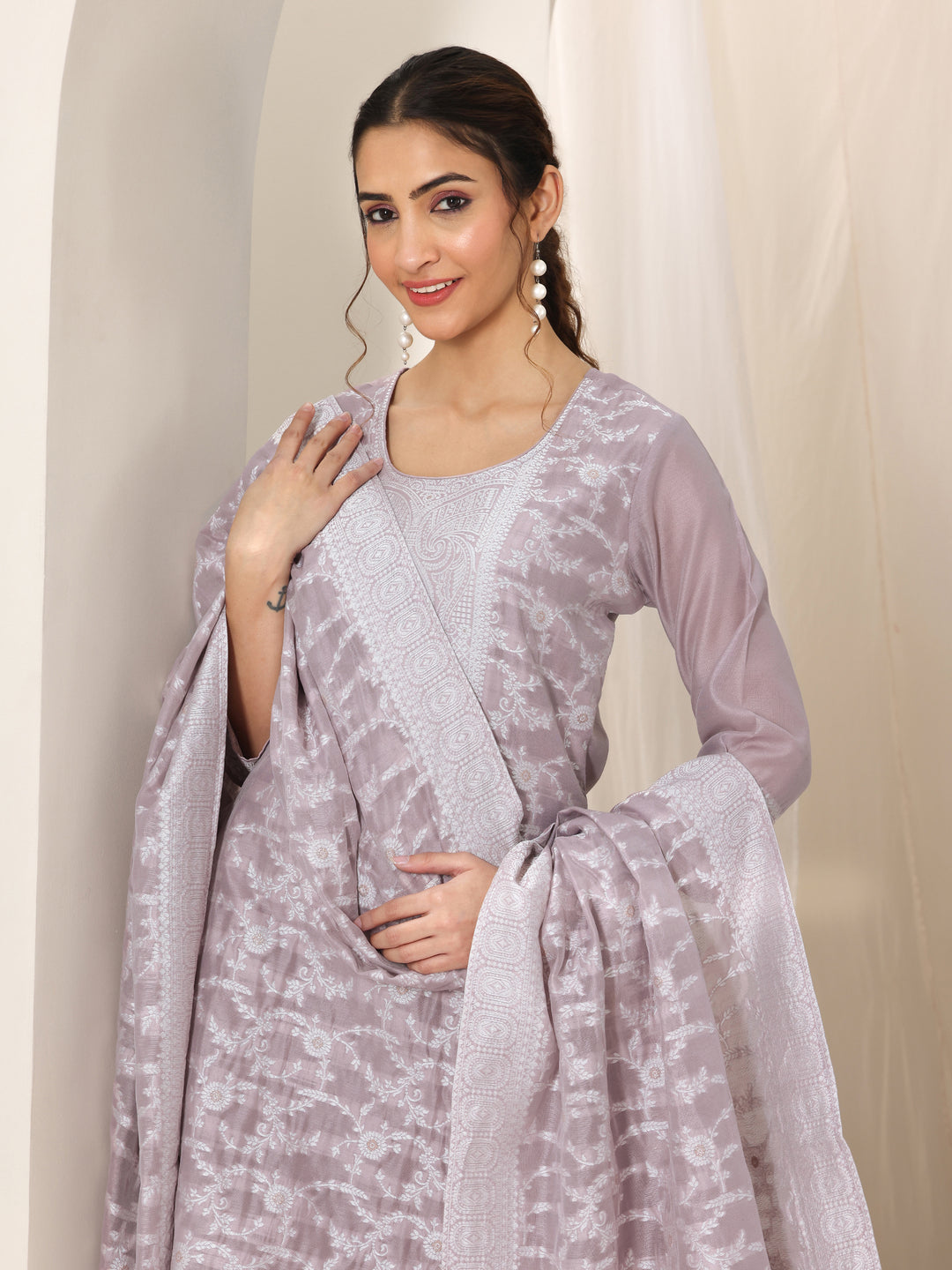 Mauve Woven Design Chanderi Silk Straight Suit Set With Dupatta