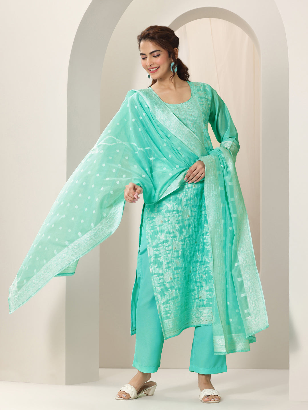 Turquoise Blue Woven Design Chanderi Silk Straight Suit Set With Dupatta