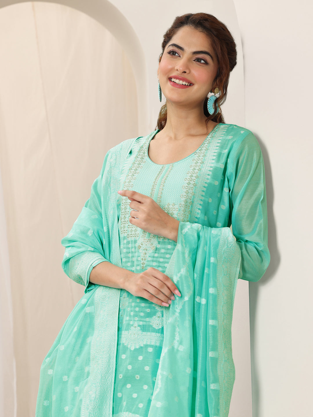 Turquoise Blue Woven Design Chanderi Silk Straight Suit Set With Dupatta