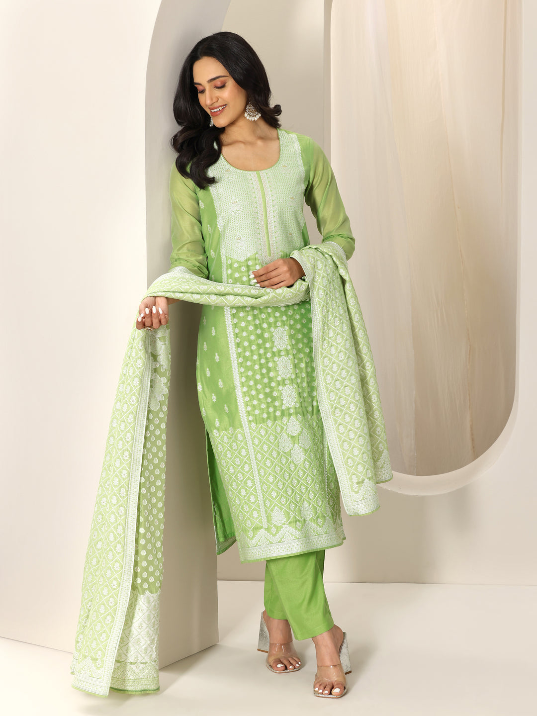 Green Woven Design Chanderi Silk Straight Suit Set With Dupatta