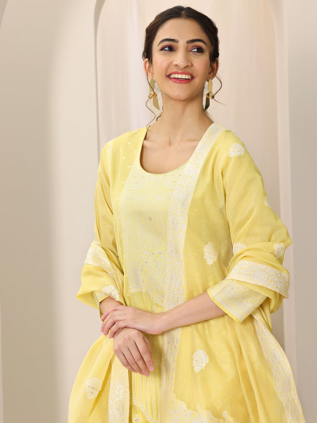 Yellow Woven Design Chanderi Silk Straight Suit Set With Dupatta