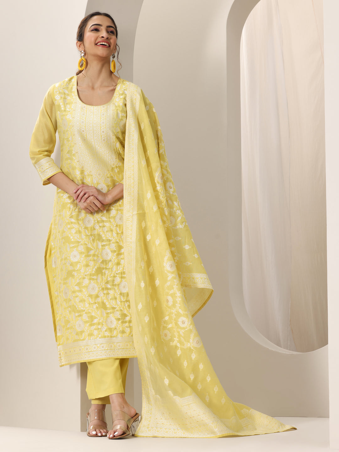 Yellow Woven Design Chanderi Silk Straight Suit Set With Dupatta