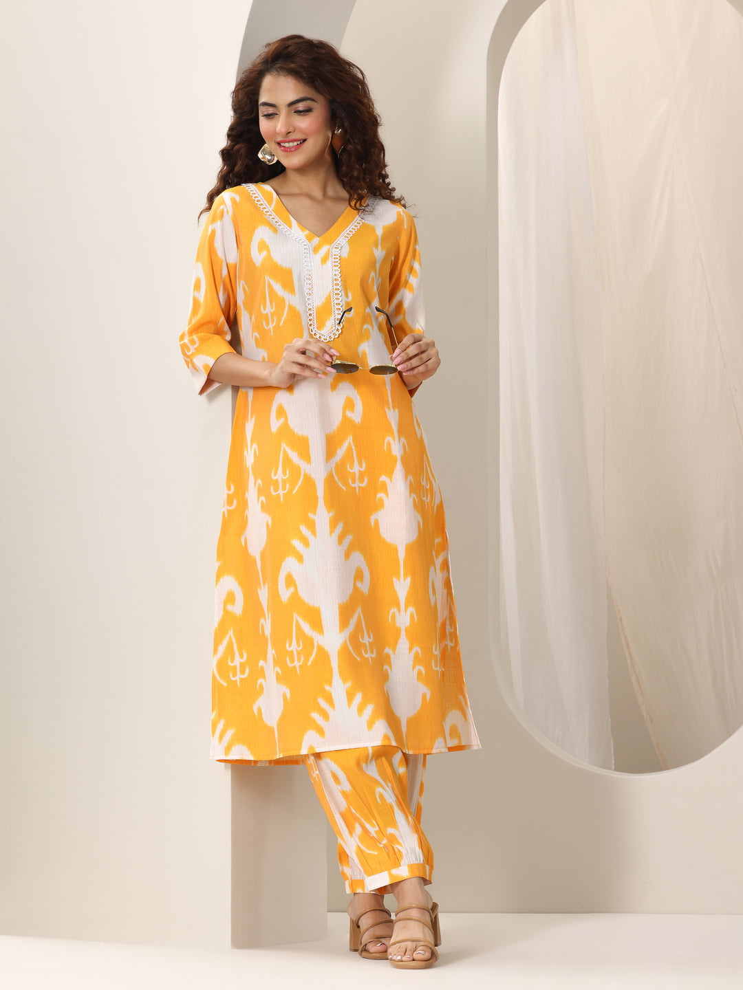 Mustard Printed Silk Blend Straight Kurta Set