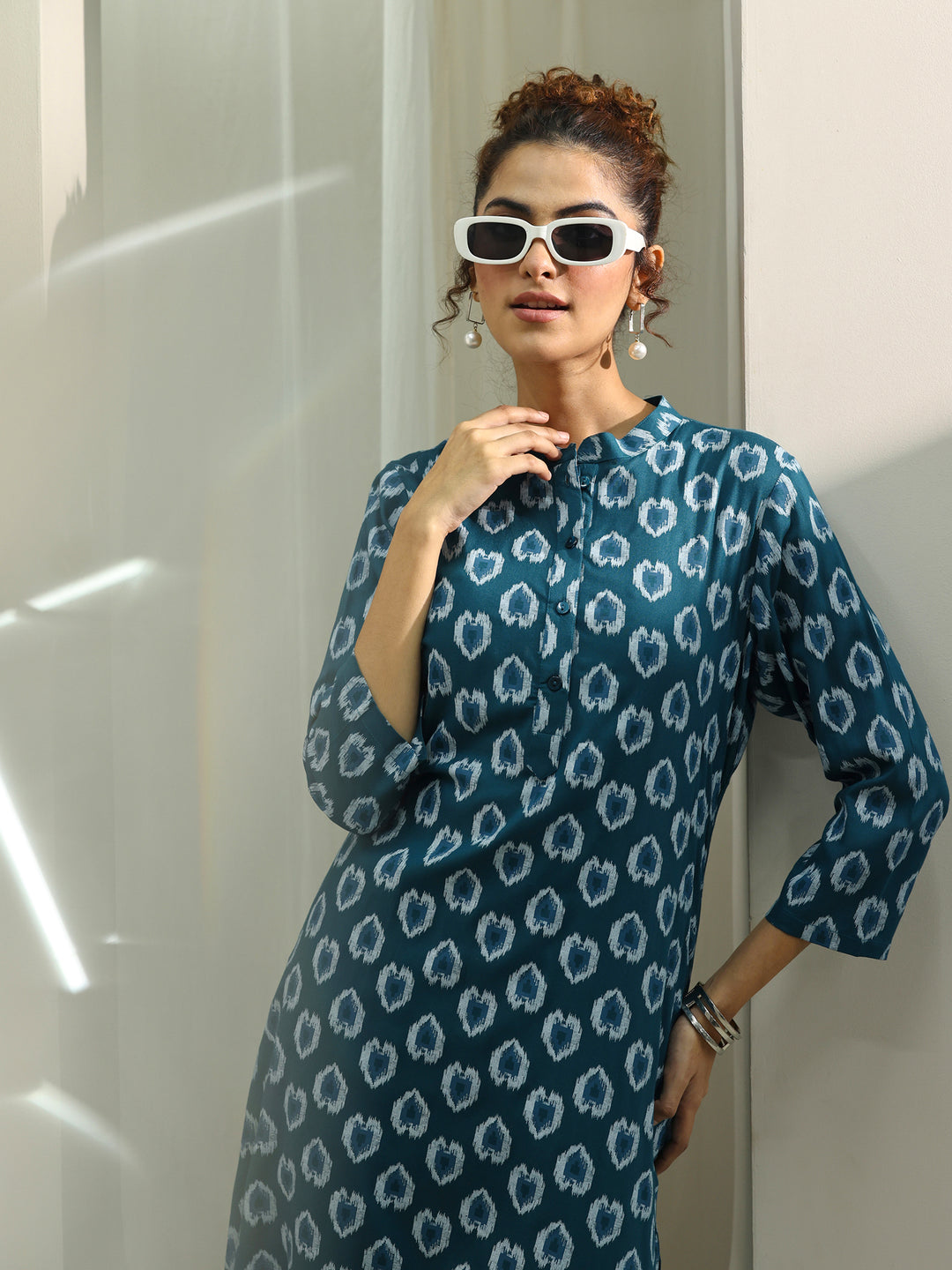 Teal Printed Rayon Straight Kurta Set