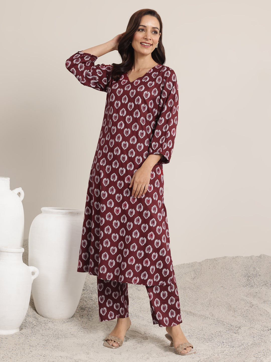 Maroon Printed Rayon Straight Kurta Set