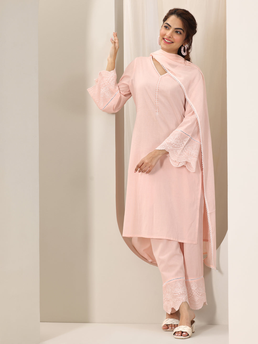 Pink Solid Cotton Straight Suit Set With Dupatta