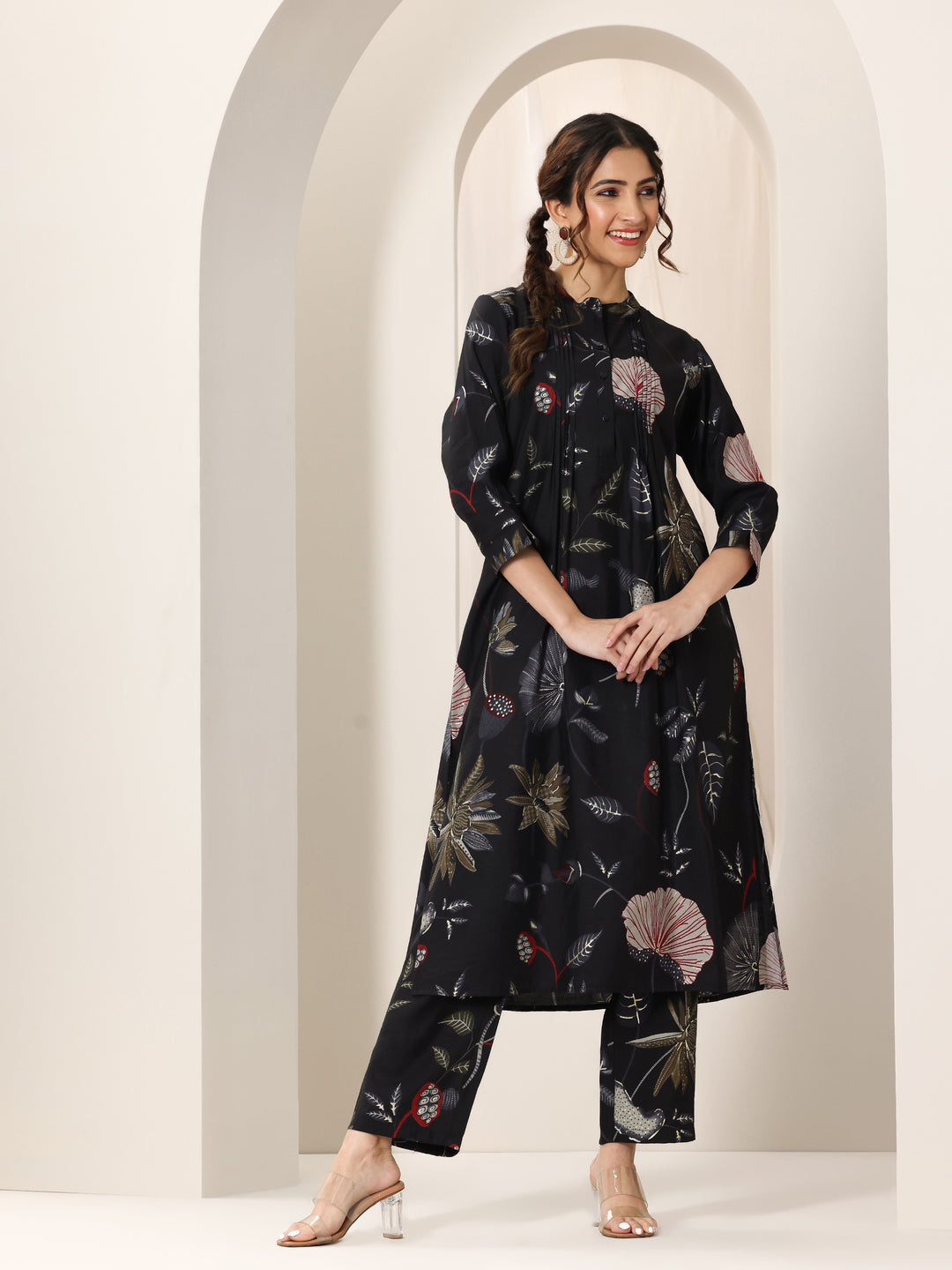 Black Printed Silk Blend Straight Kurta Set