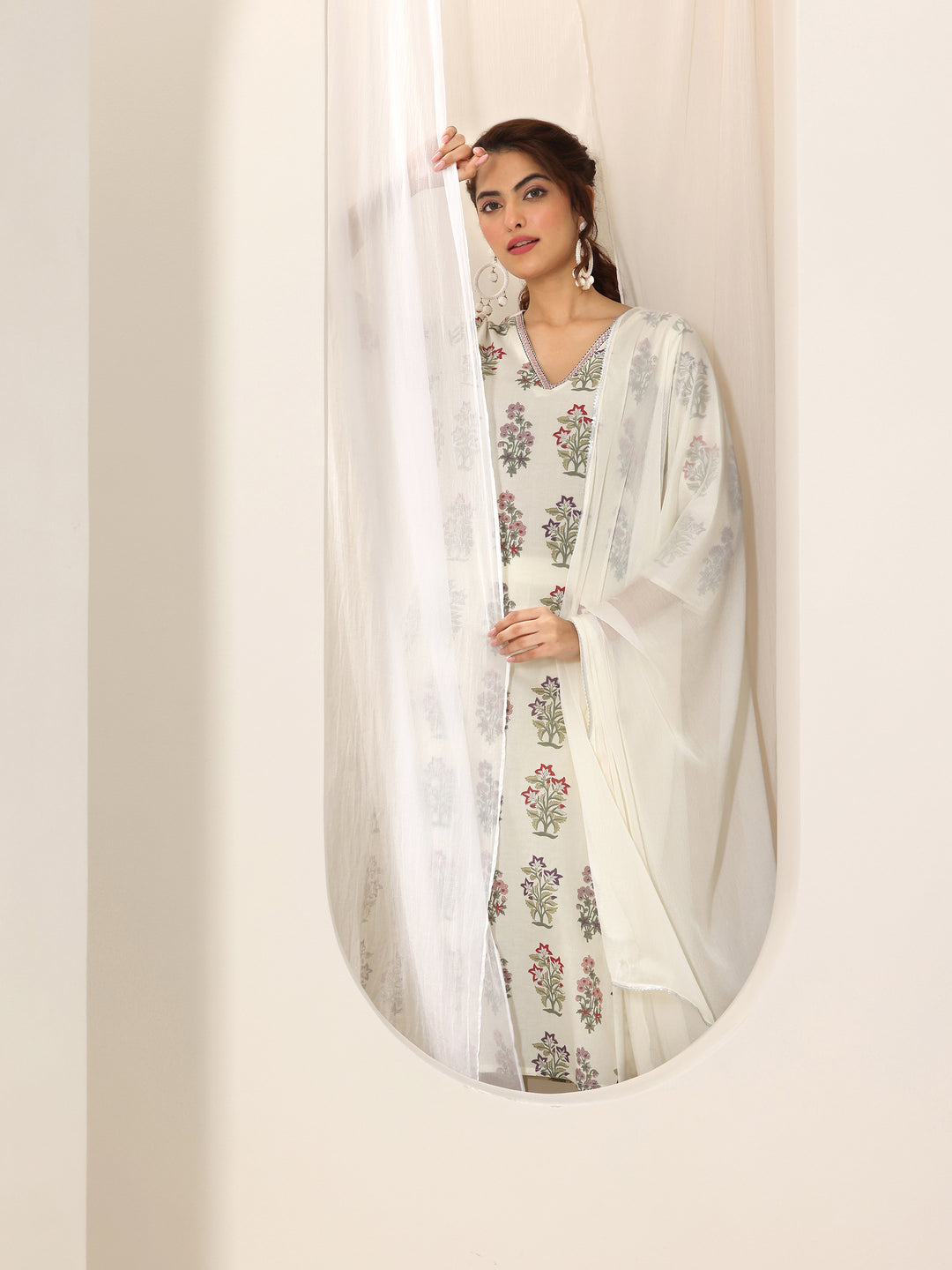 Off White Printed Cotton Straight Suit Set With Dupatta