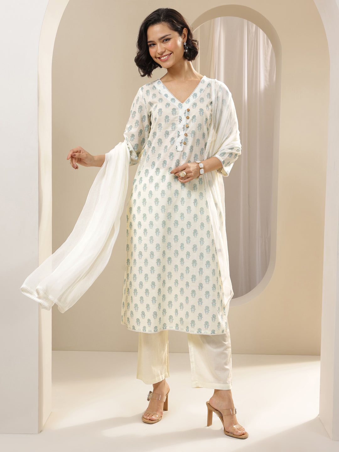 Off White Printed Cotton Straight Suit Sets With Dupatta