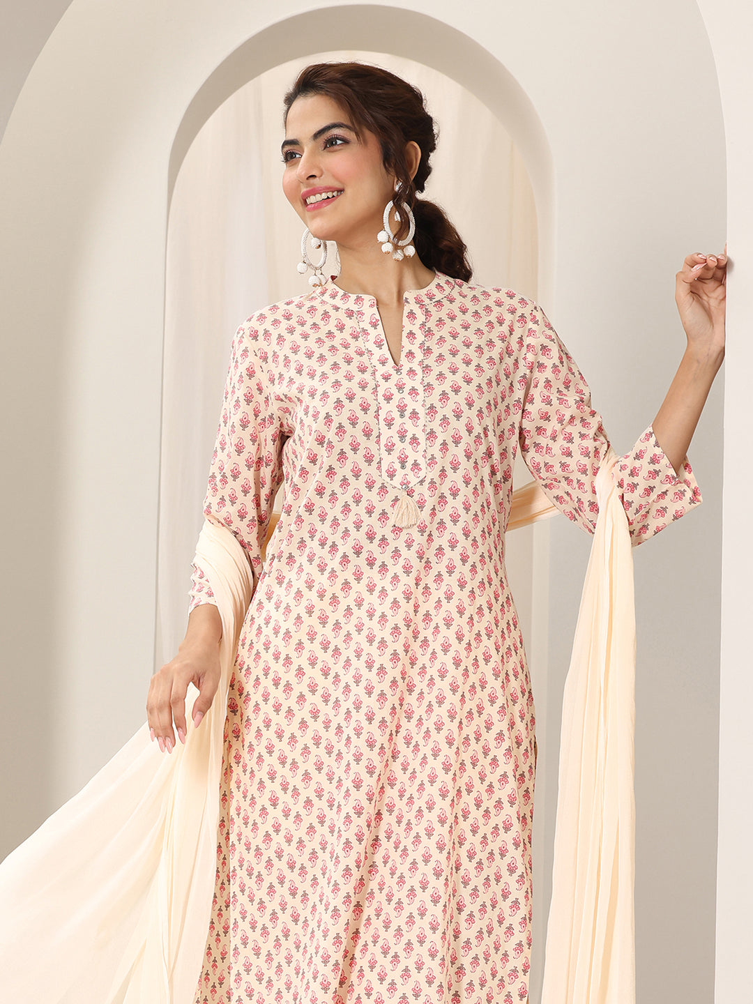 Off White Printed Cotton Straight Suit Set With Dupatta