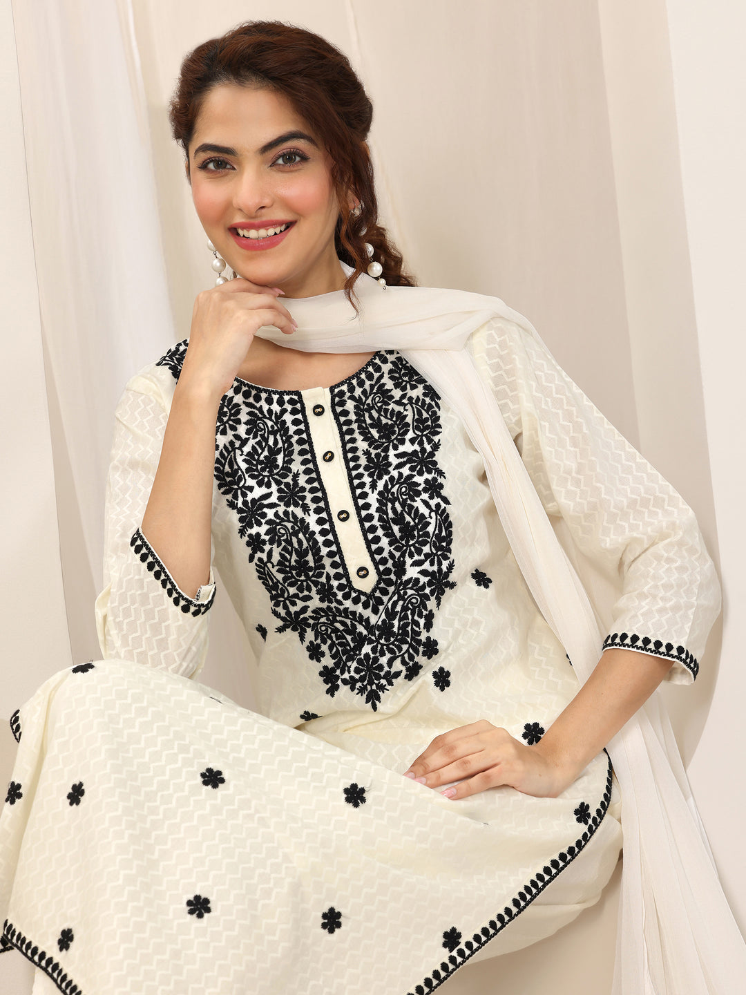 Off White Embroidered Cotton Straight Suit Set With Dupatta