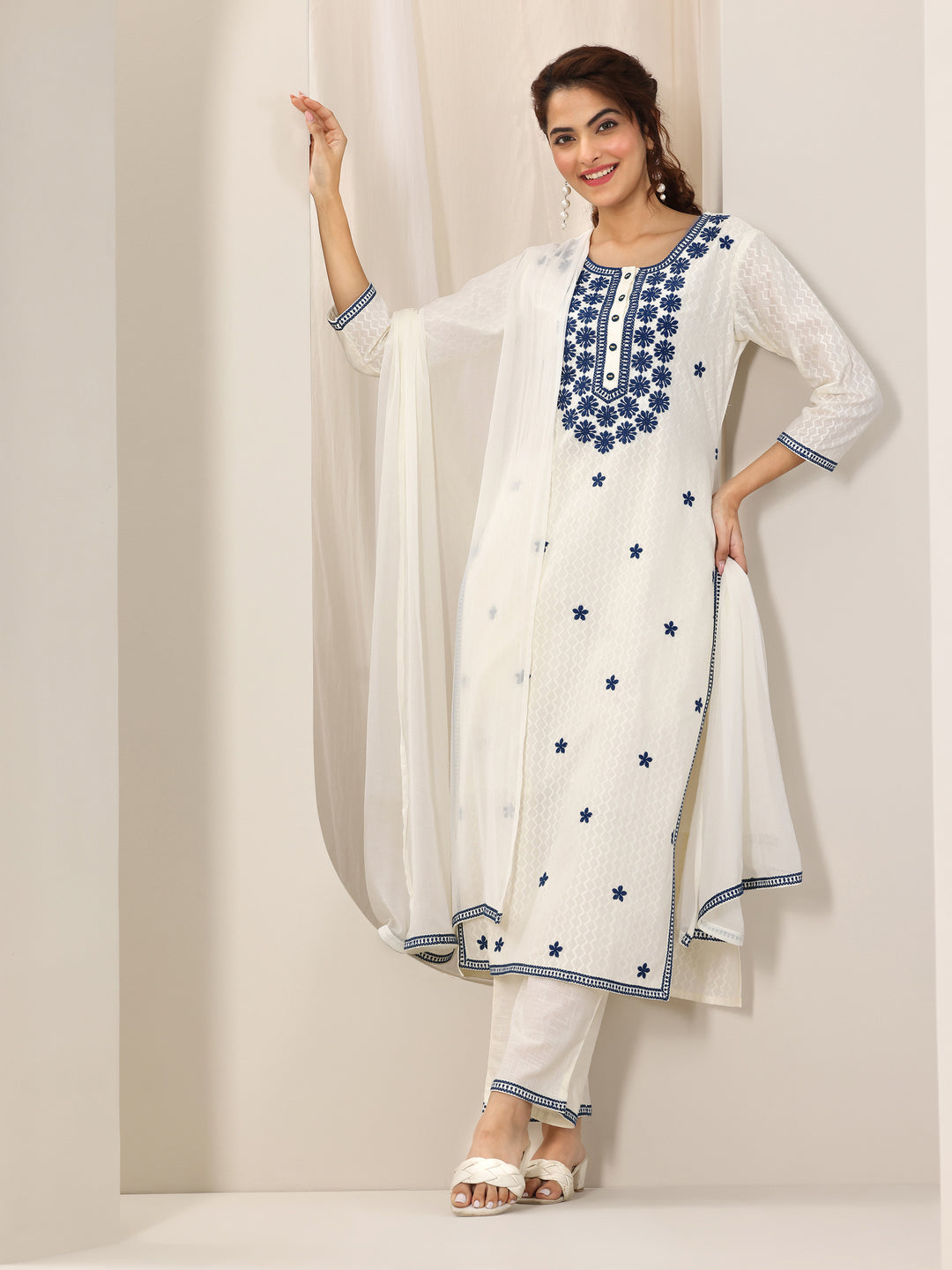 Off White Embroidered Cotton Straight Suit Set With Dupatta