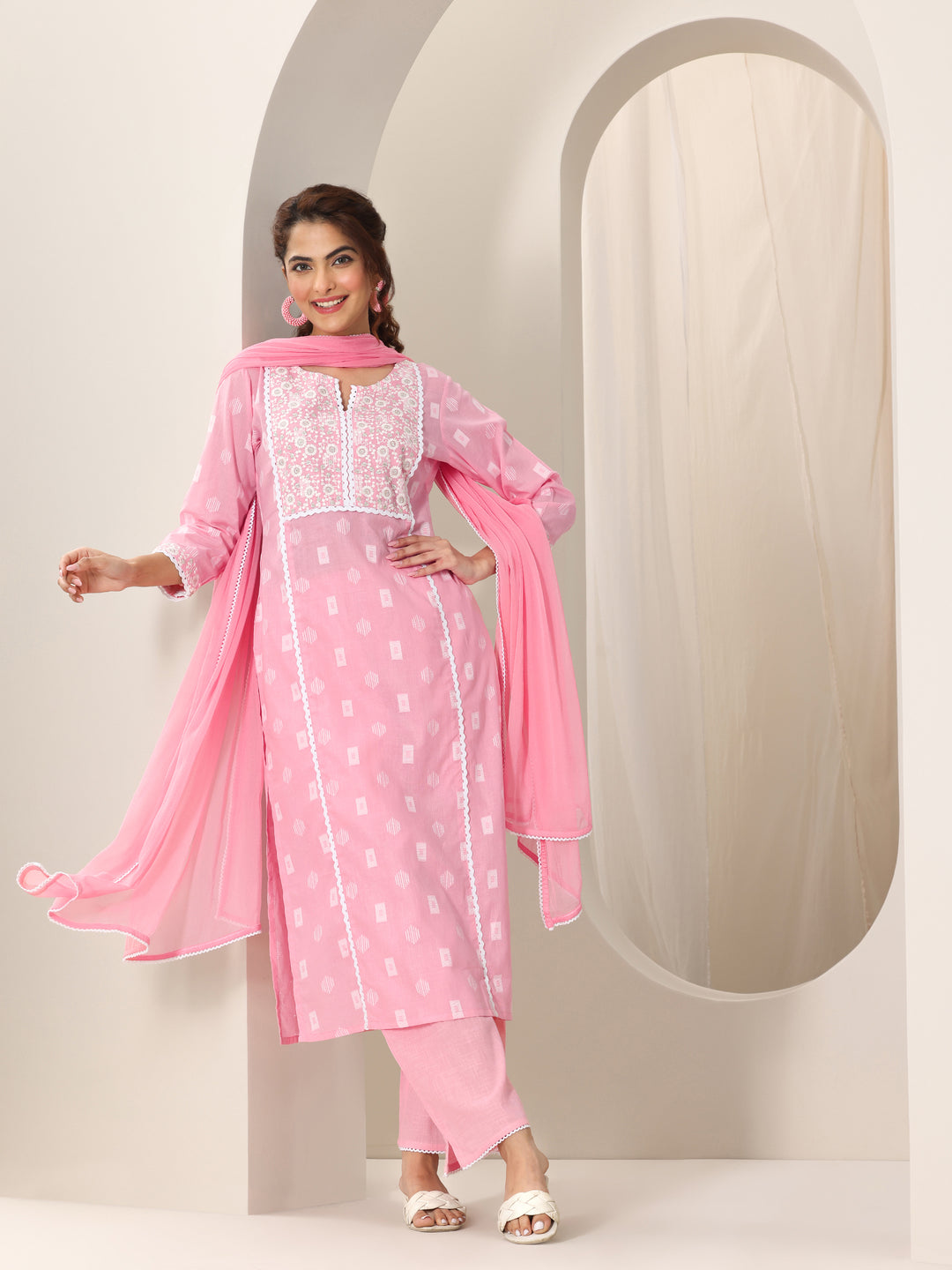 Pink Embroidered Cotton Straight Suit Set With Dupatta