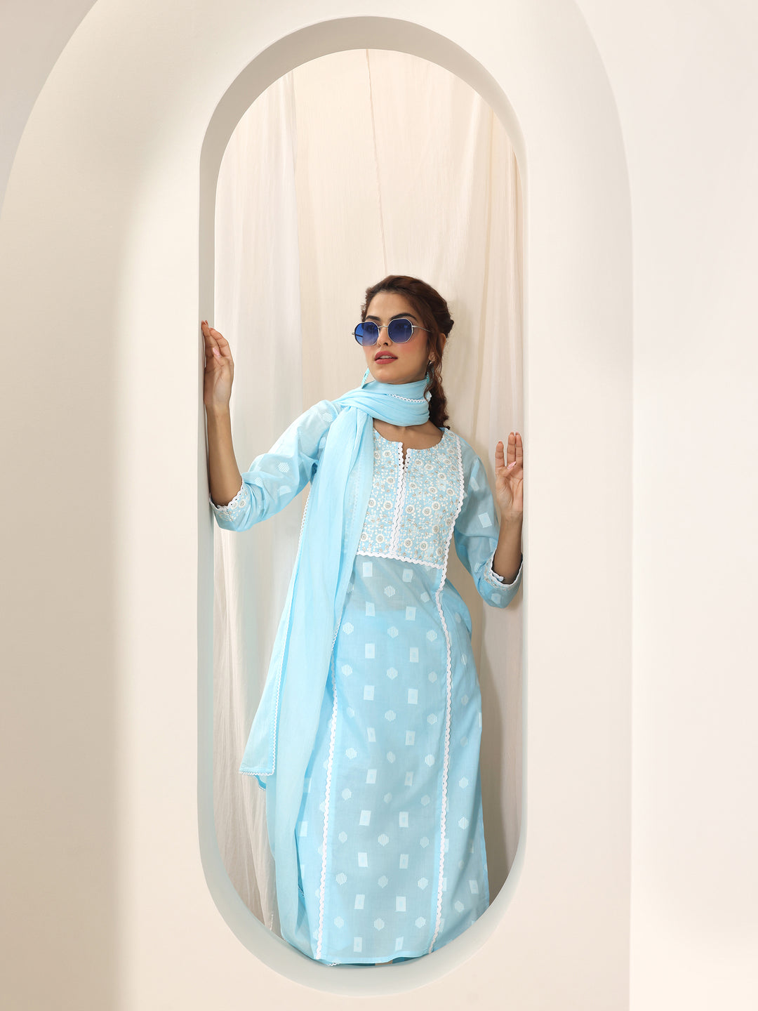 Blue Embroidered Cotton Straight Suit Set With Dupatta