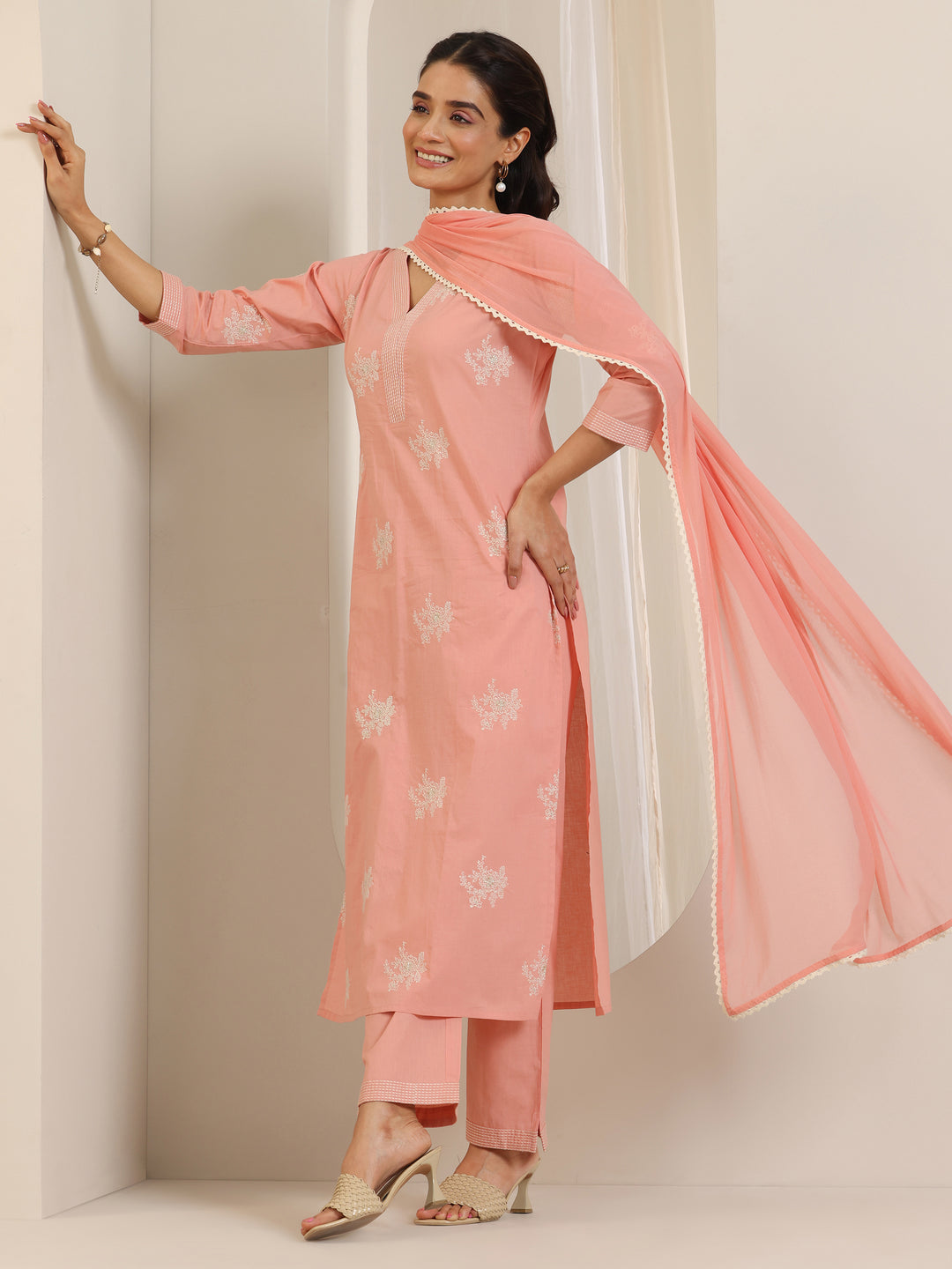 Peach Embroidered Cotton Straight Suit Set With Dupatta