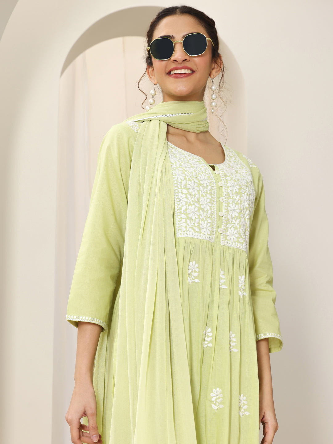 Lime Green Embroidered Cotton A-Line Suit Set With Dupatta