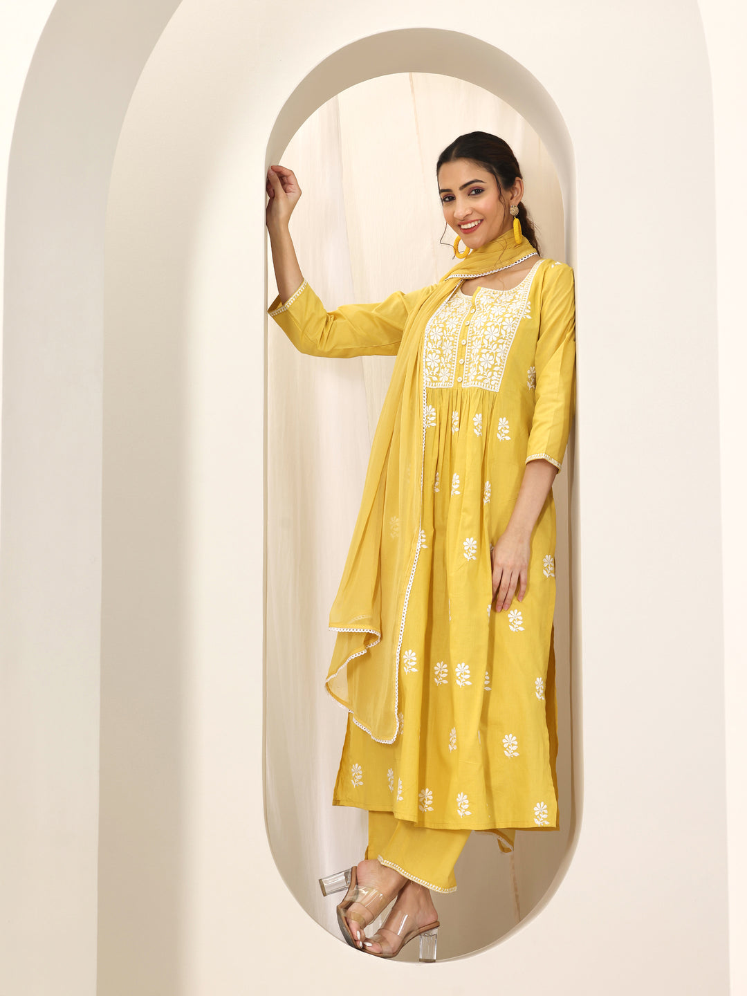 Yellow Embroidered Cotton A-Line Suit Set With Dupatta