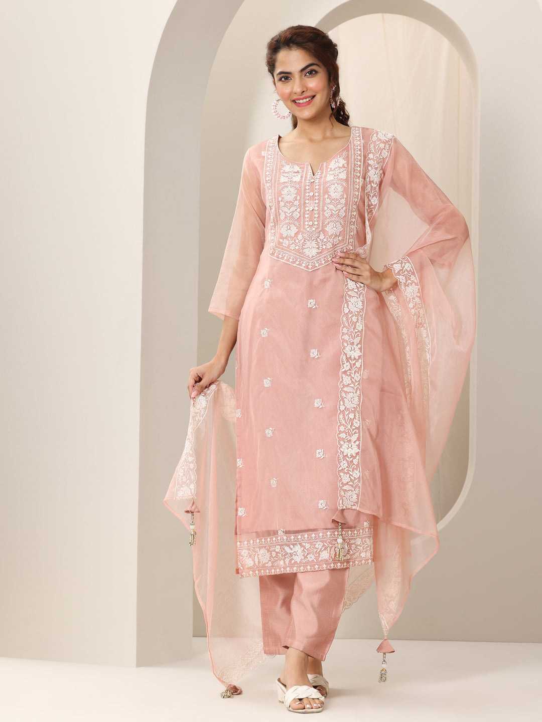 Peach Embroidered Organza Straight Suit Set With Dupatta