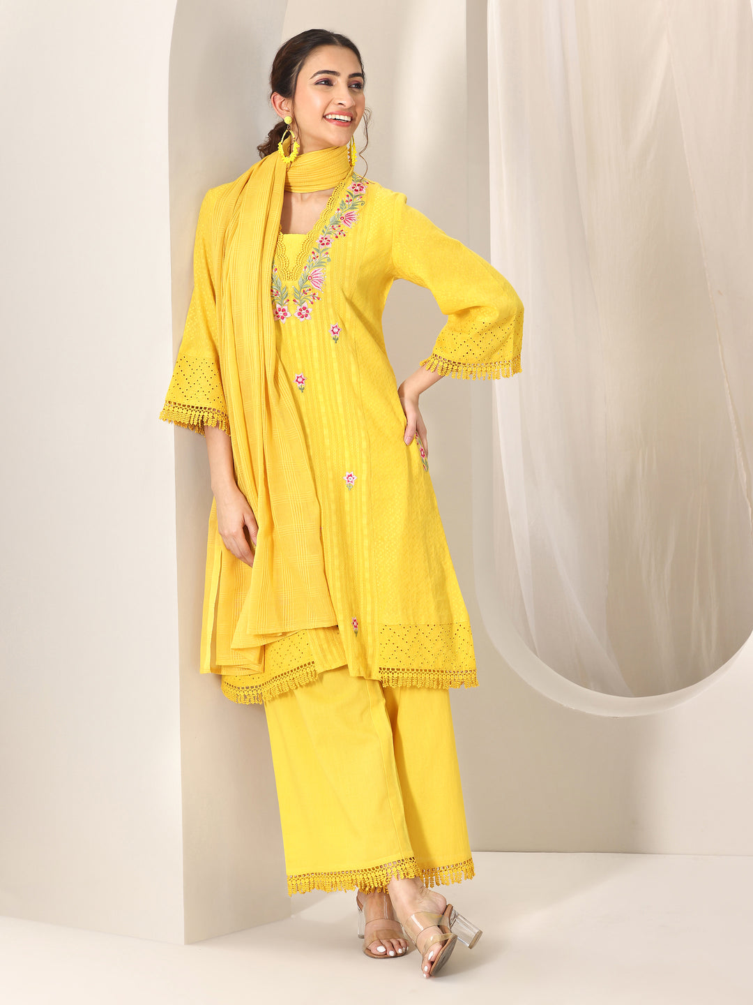 Yellow Embroidered Cotton Straight Suit Set With Dupatta