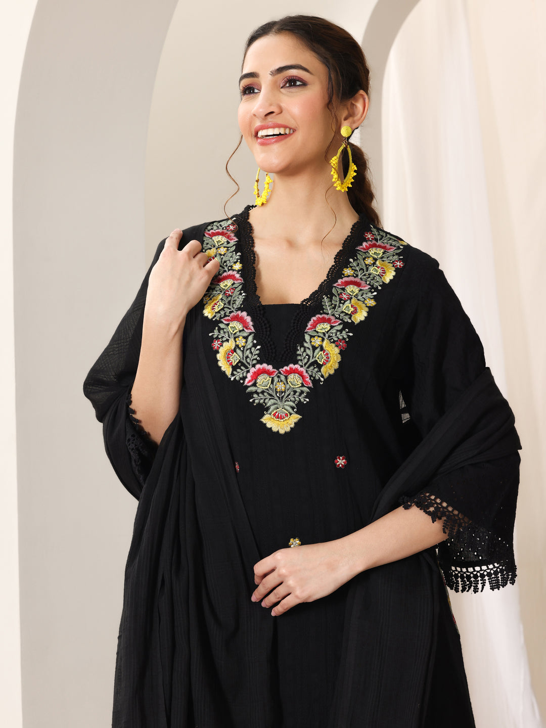 Black Embroidered Cotton Straight Suit Set With Dupatta