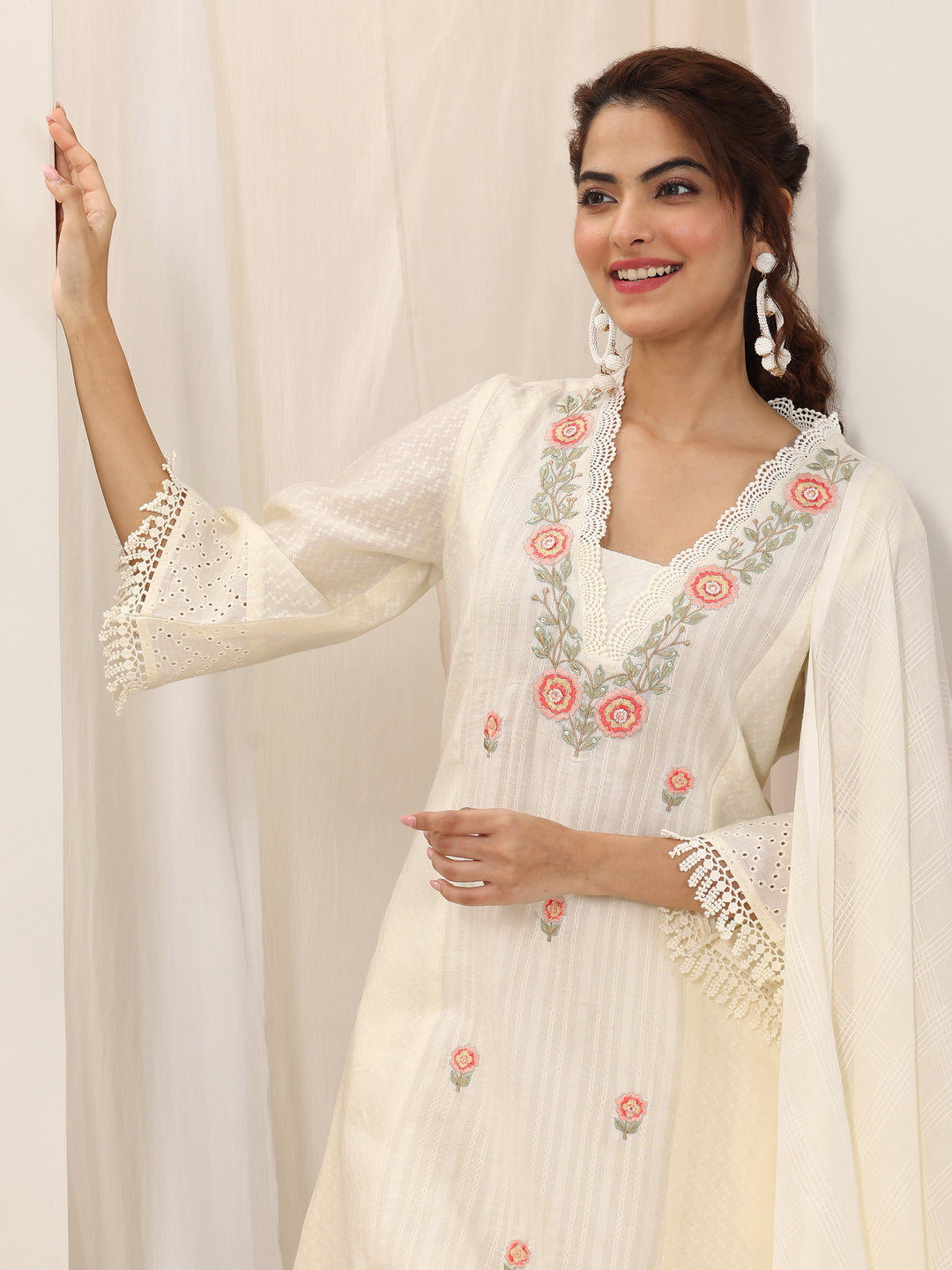 Off White Embroidered Cotton Straight Suit Set With Dupatta