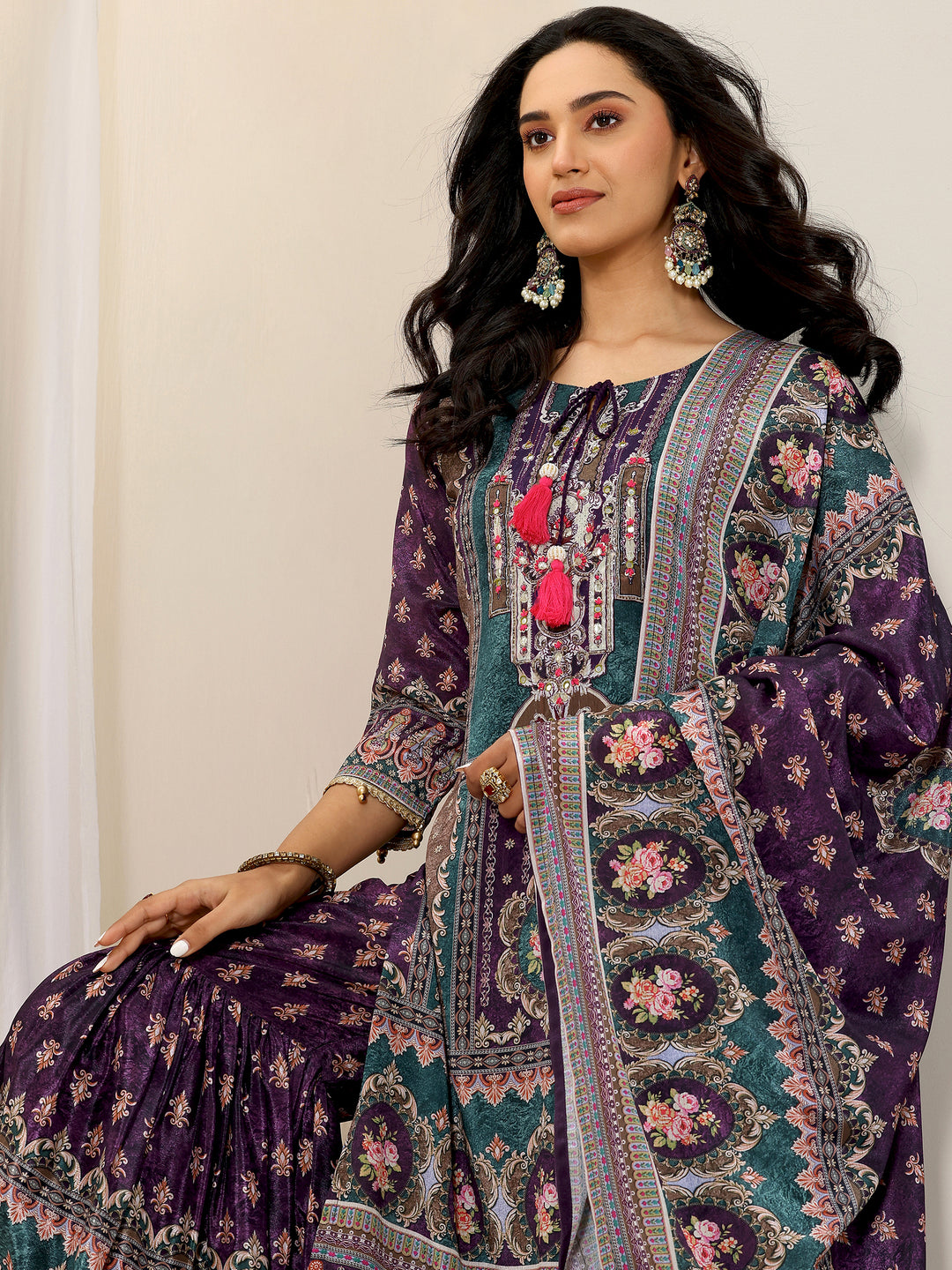 Multi Printed Chinon Straight Sharara Suit Set With Dupatta