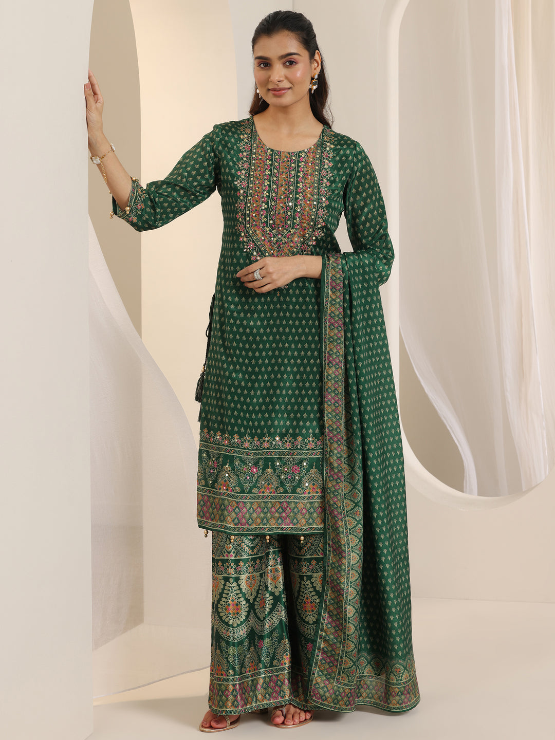 Green Printed Chinon Straight Suit Set With Dupatta