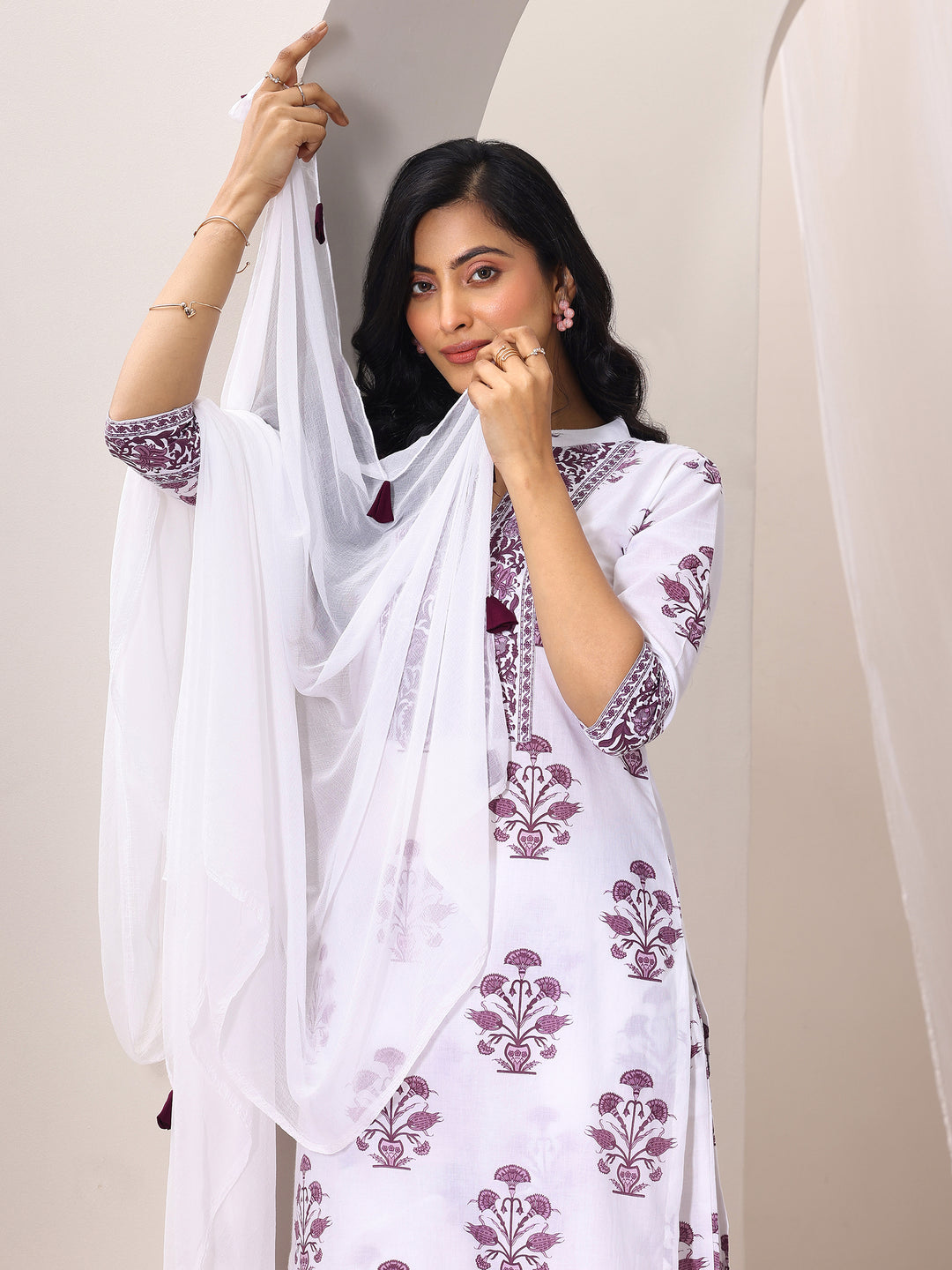 White Printed Cotton Blend Straight Suit Set With Dupatta