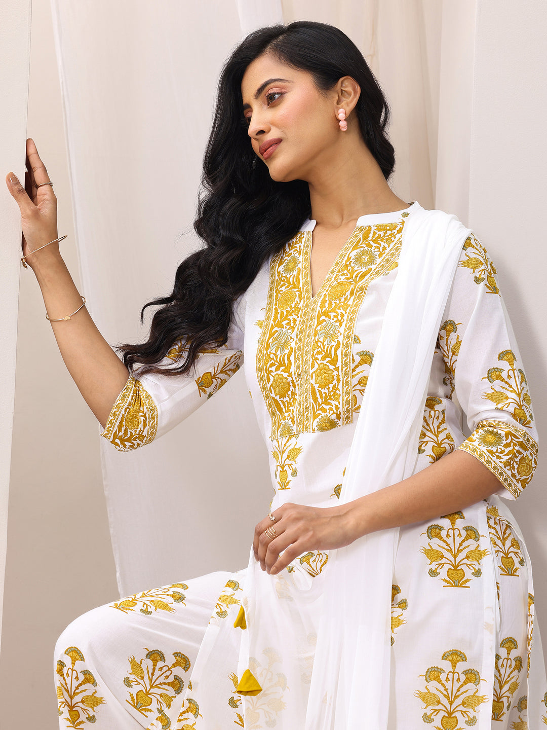 White Printed Cotton Blend Straight Suit Set With Dupatta