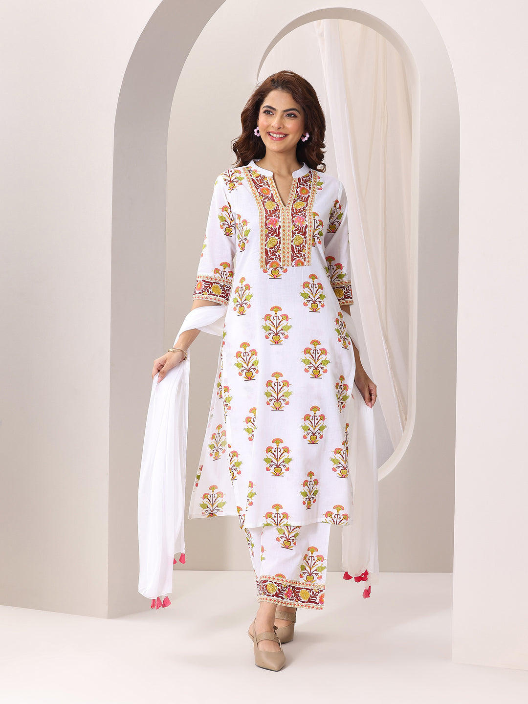 White Printed Cotton Blend Straight Suit Set With Dupatta