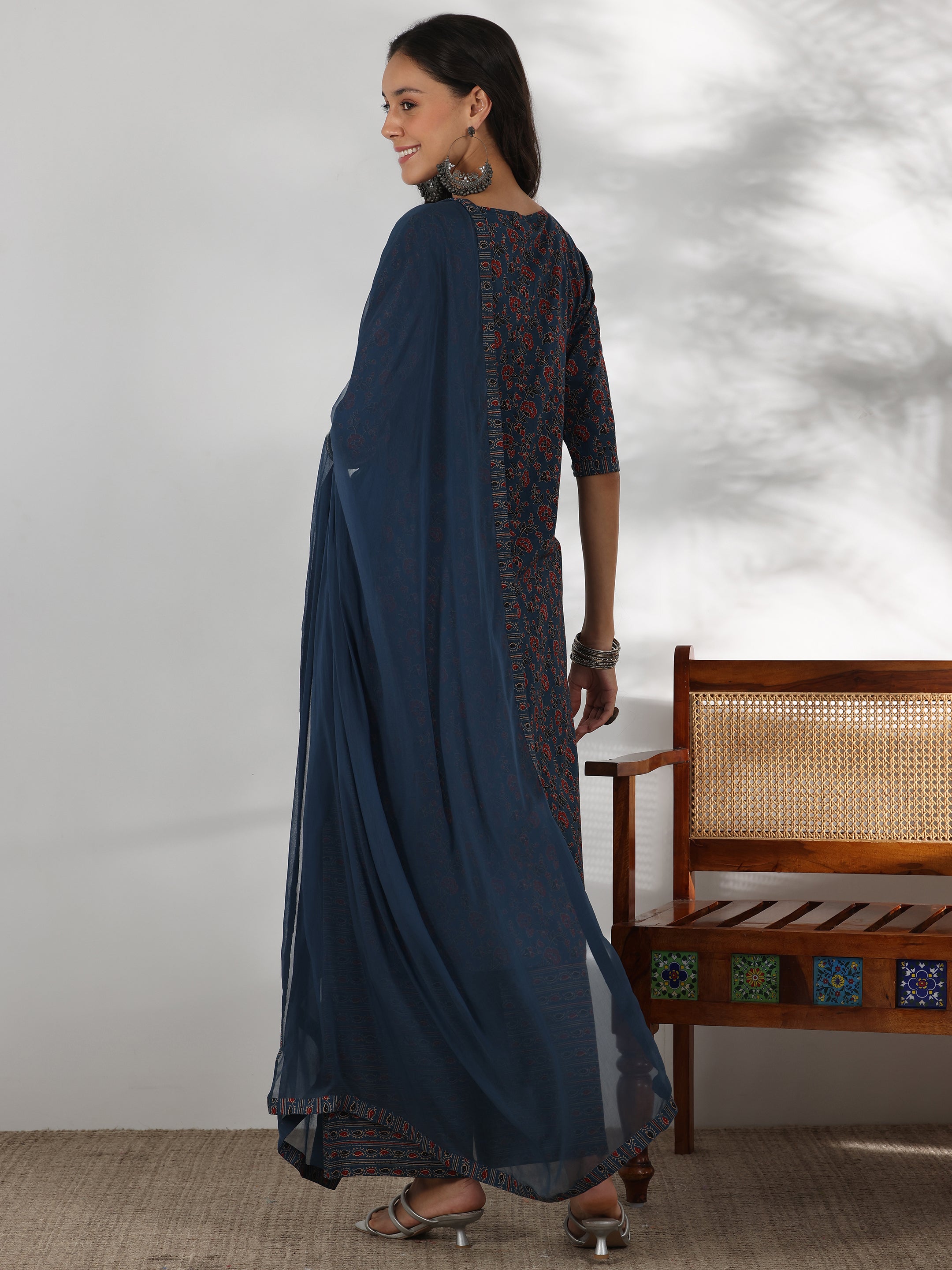 Blue Printed Cotton Straight Suit With Dupatta