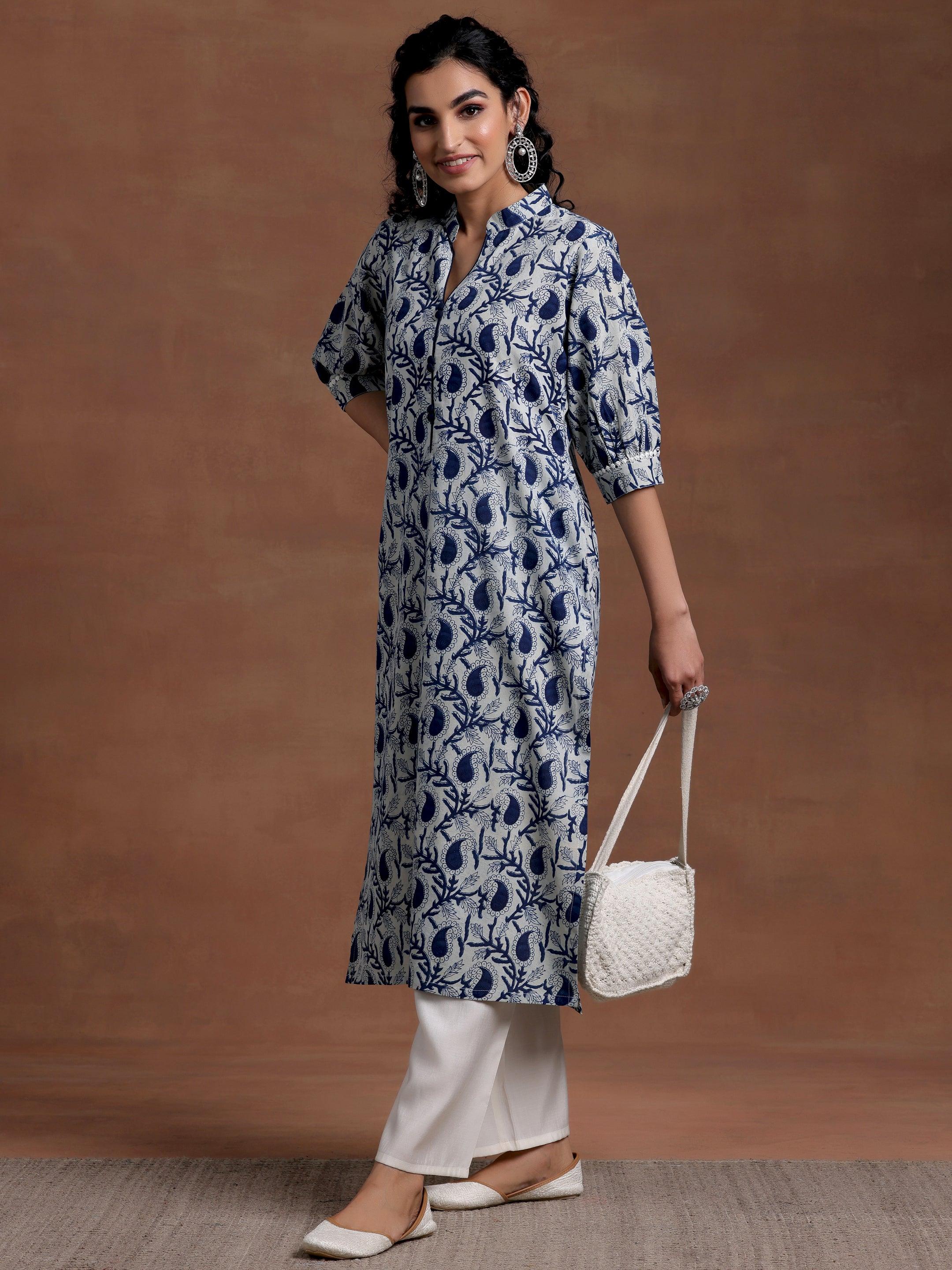 Blue Printed Cotton Straight Kurta