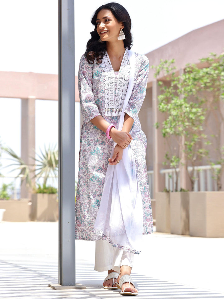 Off White Printed Cotton Straight Suit With Dupatta - Libas