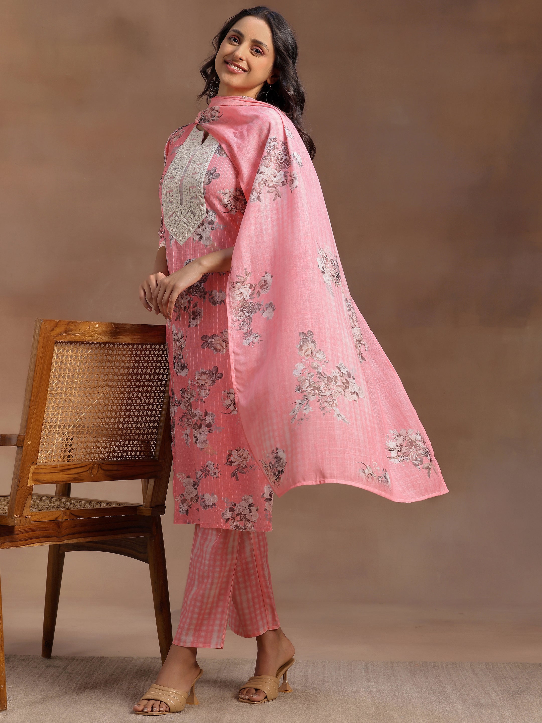 Pink Printed Cotton Straight Suit With Dupatta