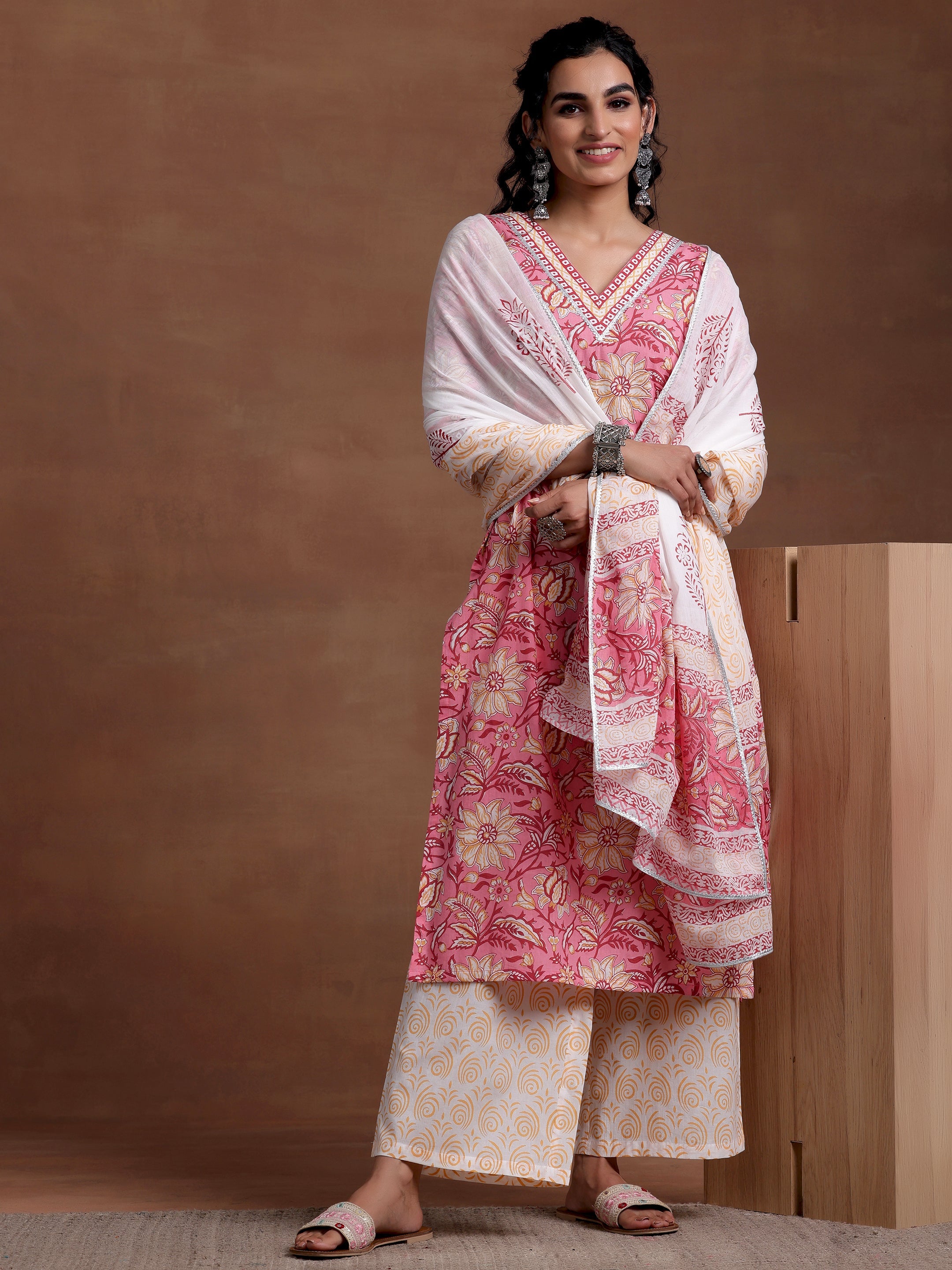 Pink Printed Cotton Straight Suit With Dupatta