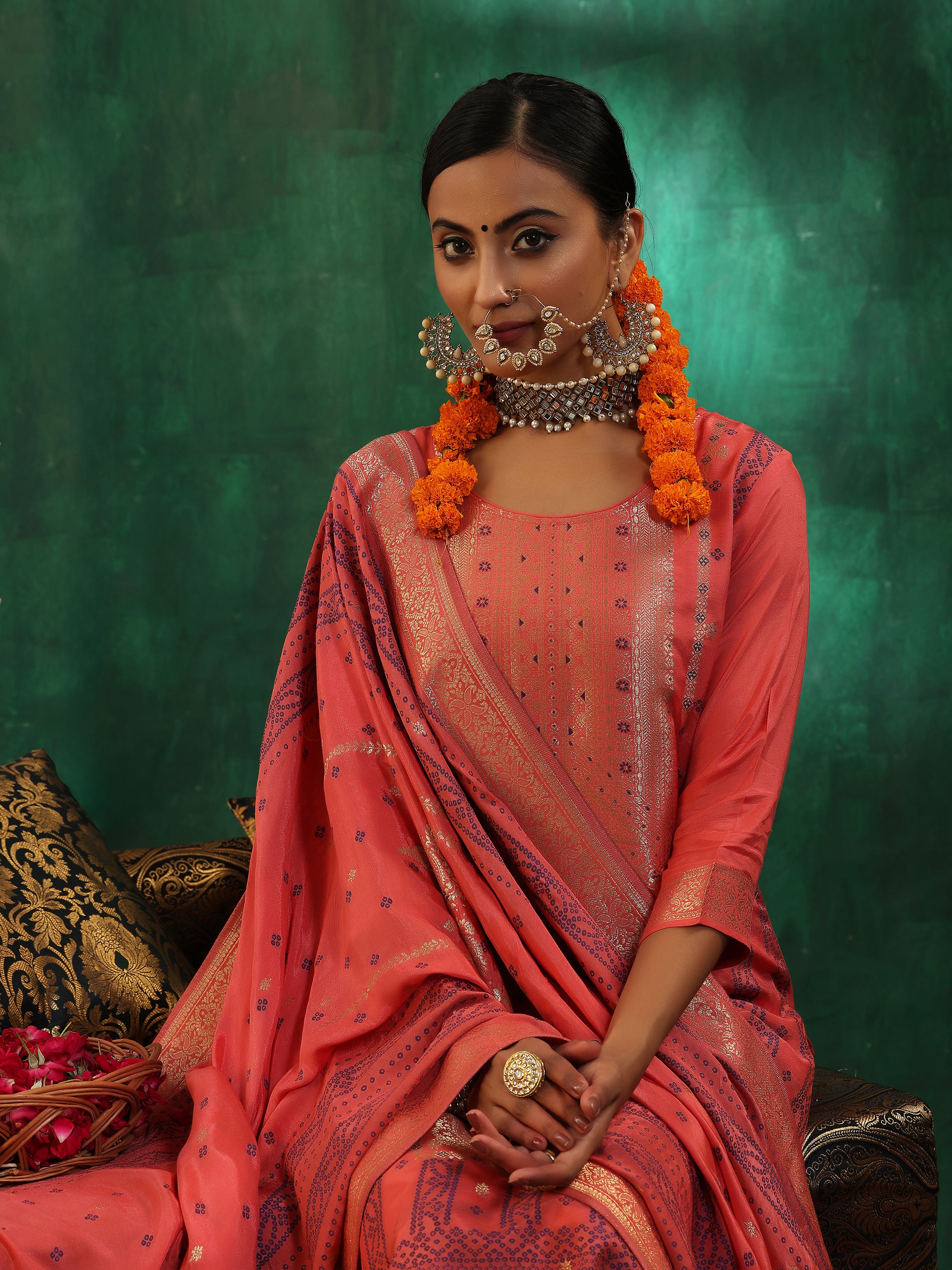 Peach Woven Design Silk Blend Straight Suit With Dupatta