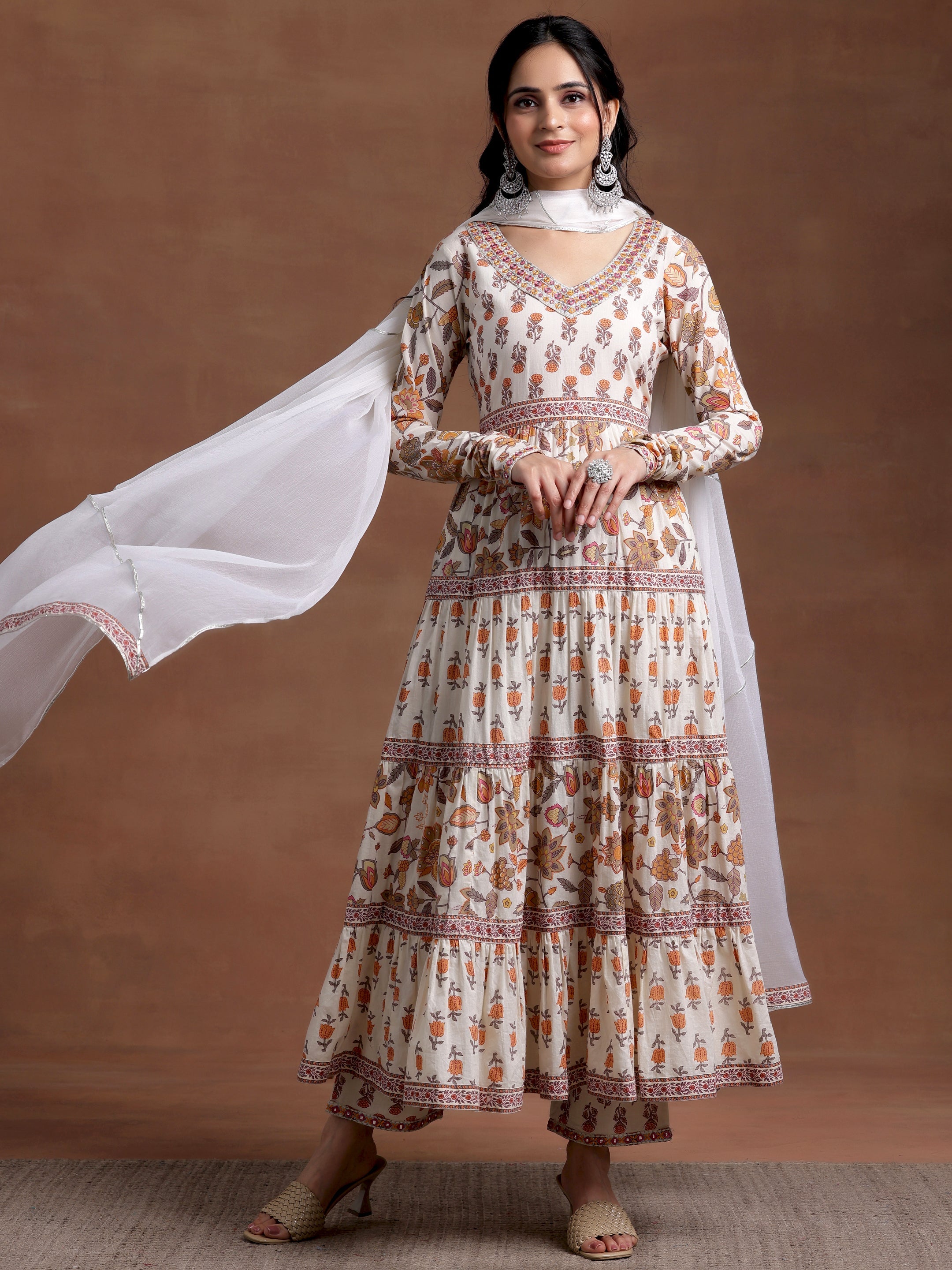 Off white Printed Cotton A-Line Kurta With Palazzos & Dupatta